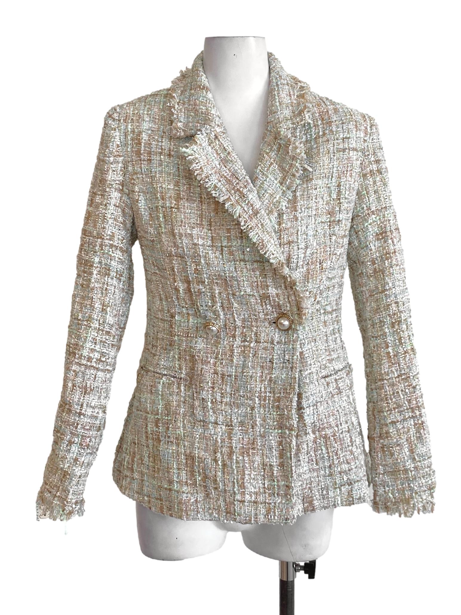 Beige Brown Notched Collar Buttoned Long Sleeve Tweed Blazer