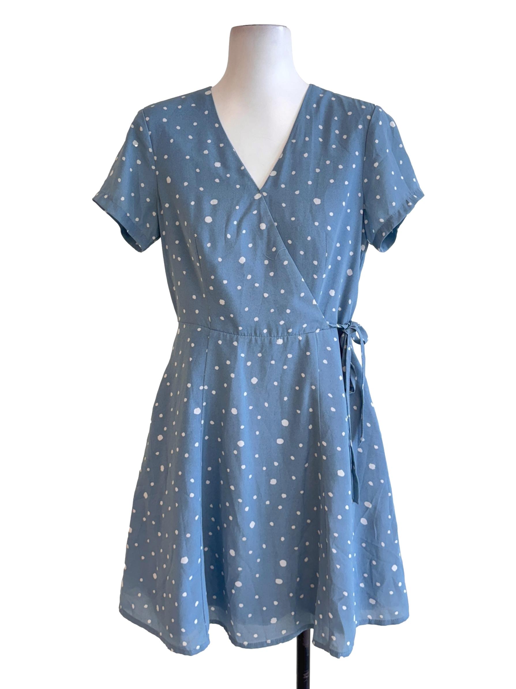 Blue V Neck Polka Dots Dress