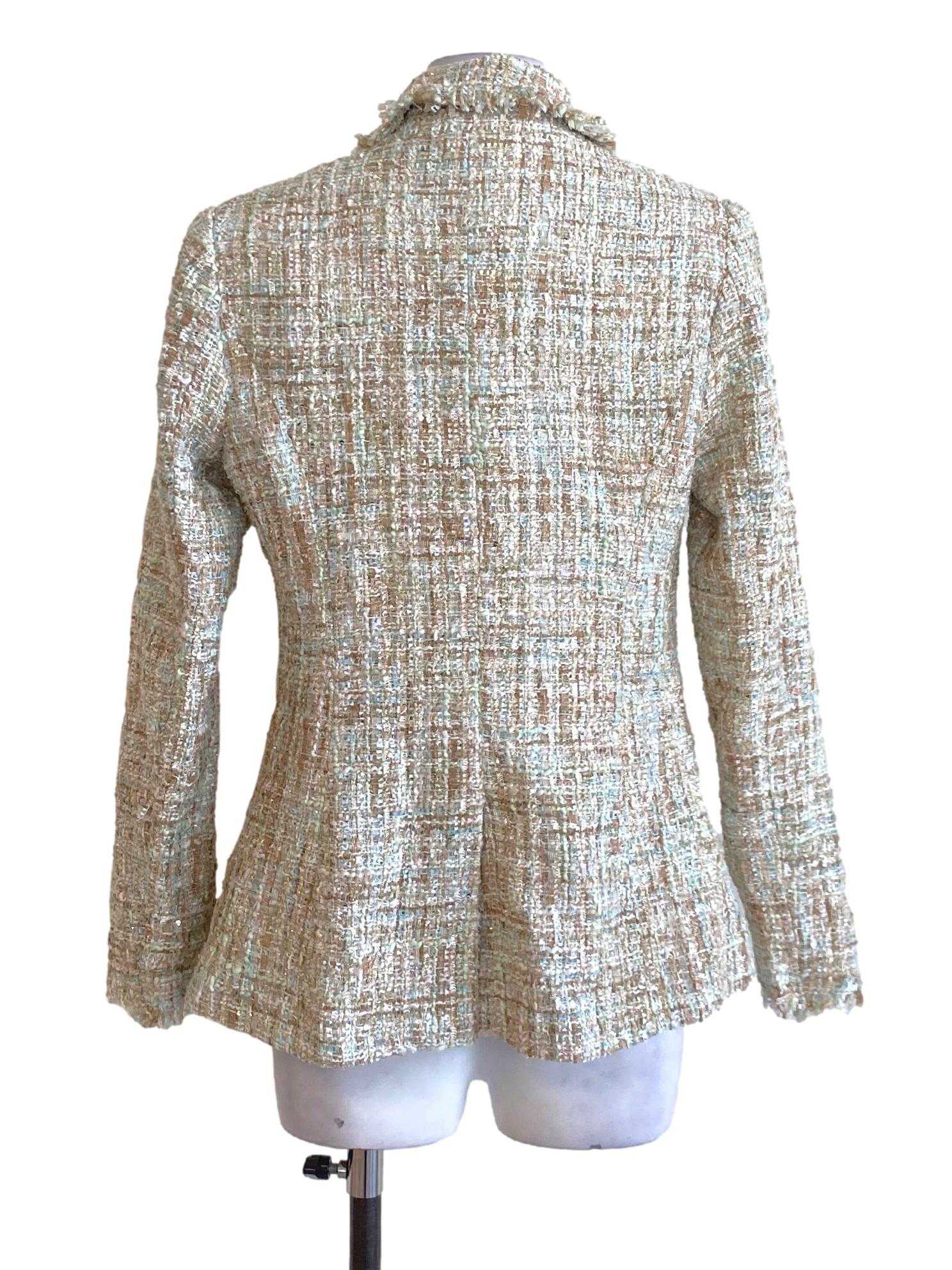 Beige Brown Notched Collar Buttoned Long Sleeve Tweed Blazer