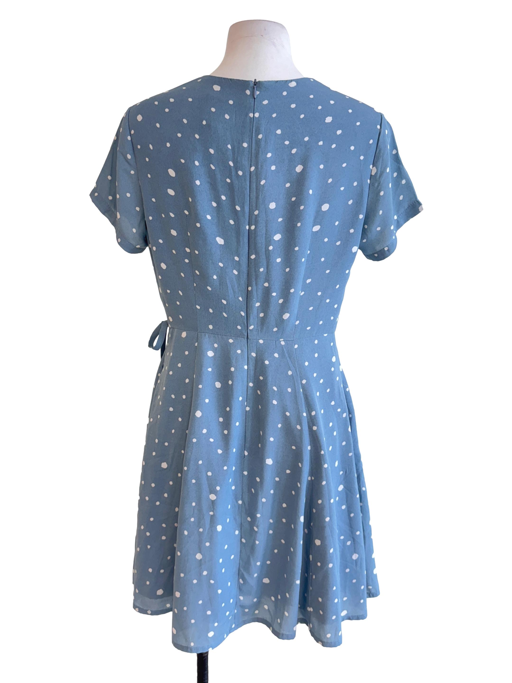Blue V Neck Polka Dots Dress