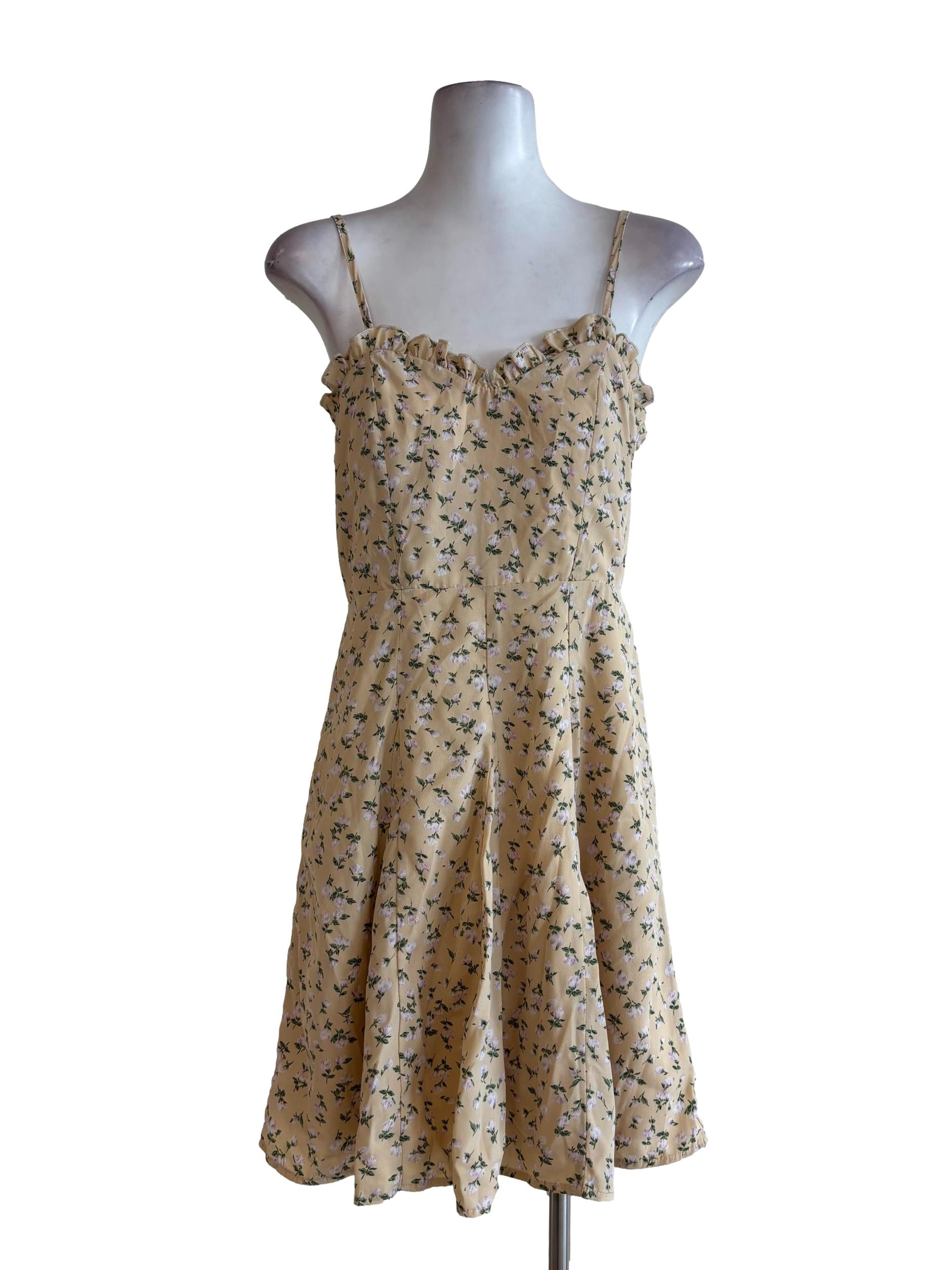 Yellow Floral Sweetheart Neck Dress