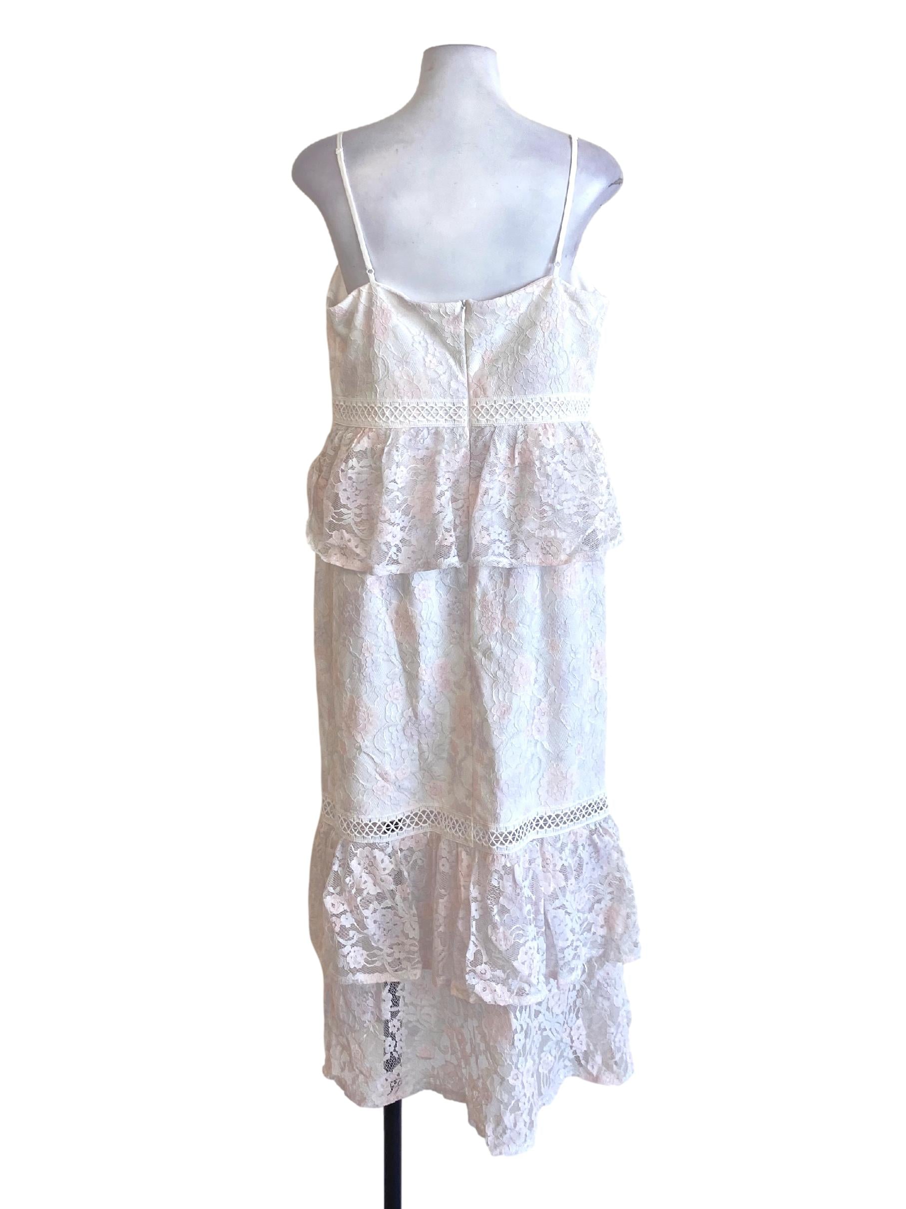 Light White Blush Pink Floral Lace Spaghetti Strap Peplum Drop Waist Dress