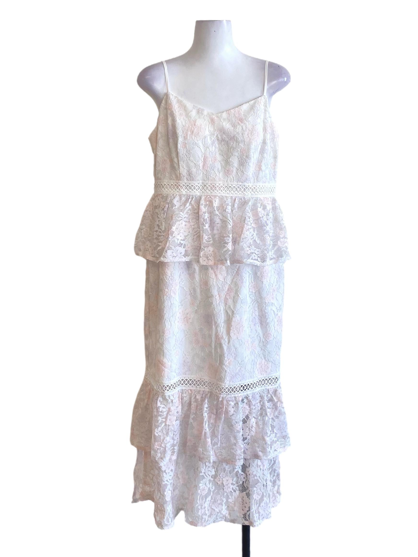 Light White Blush Pink Floral Lace Spaghetti Strap Peplum Drop Waist Dress