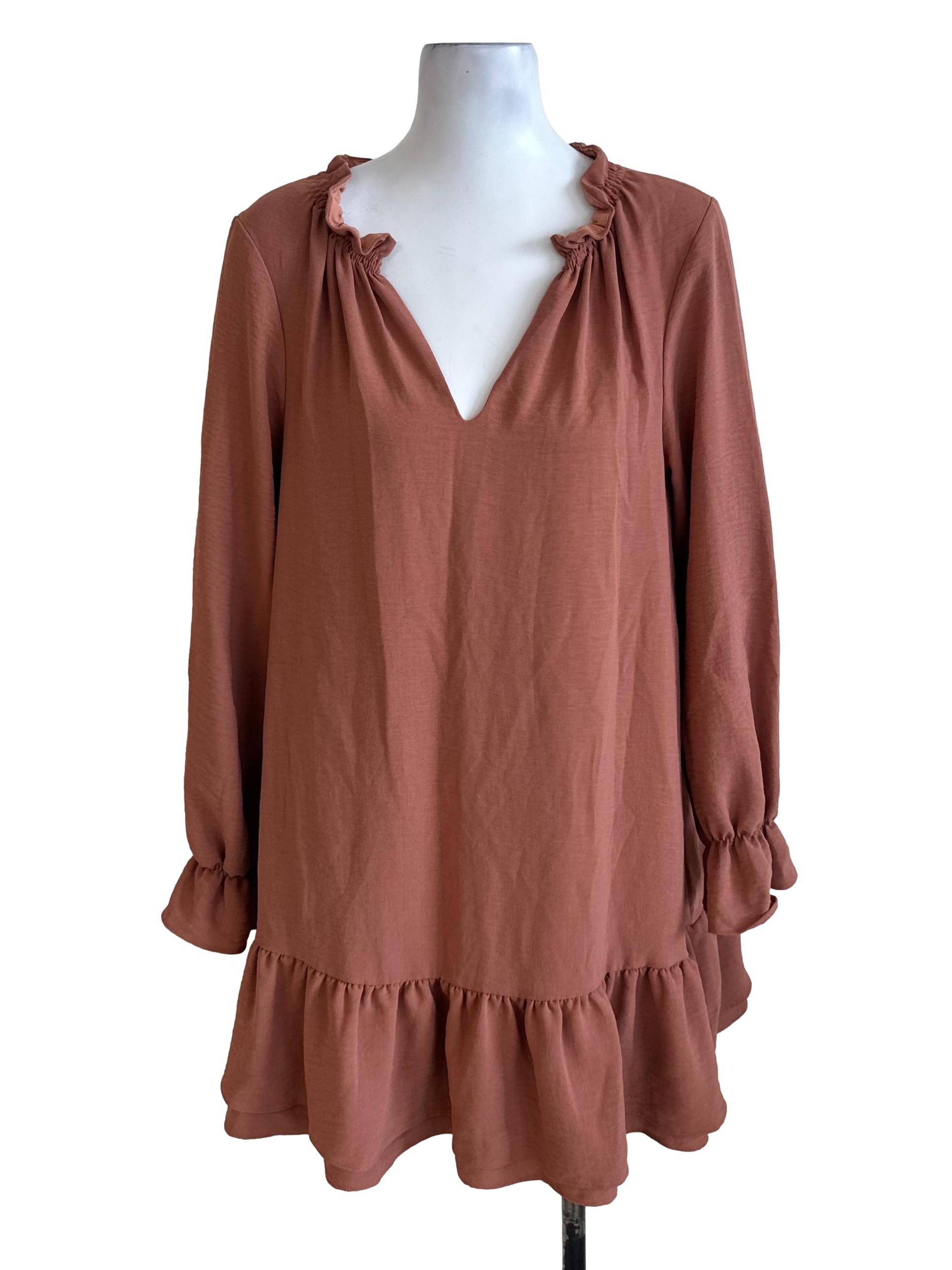 Brick Orange V Neck Ruffle Dress