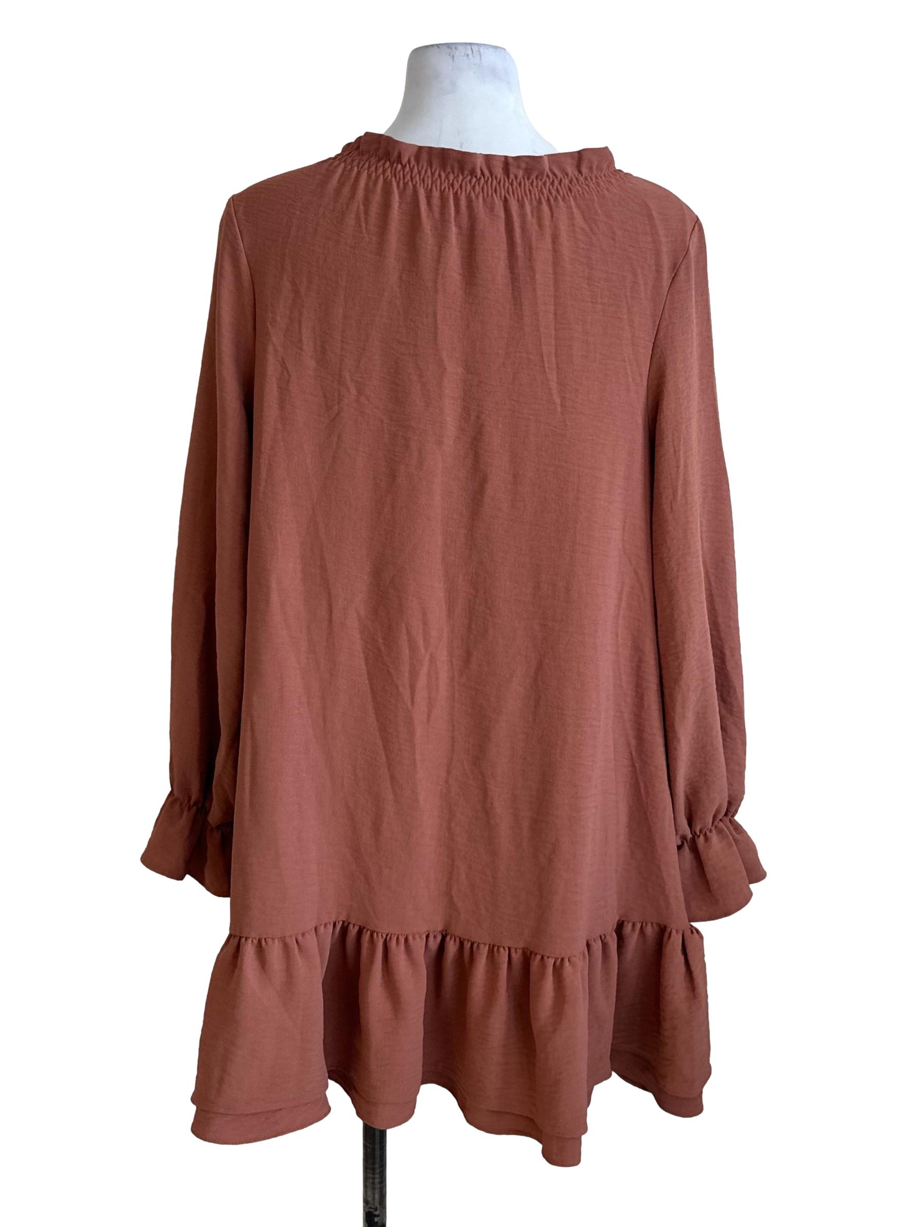 Brick Orange V Neck Ruffle Dress