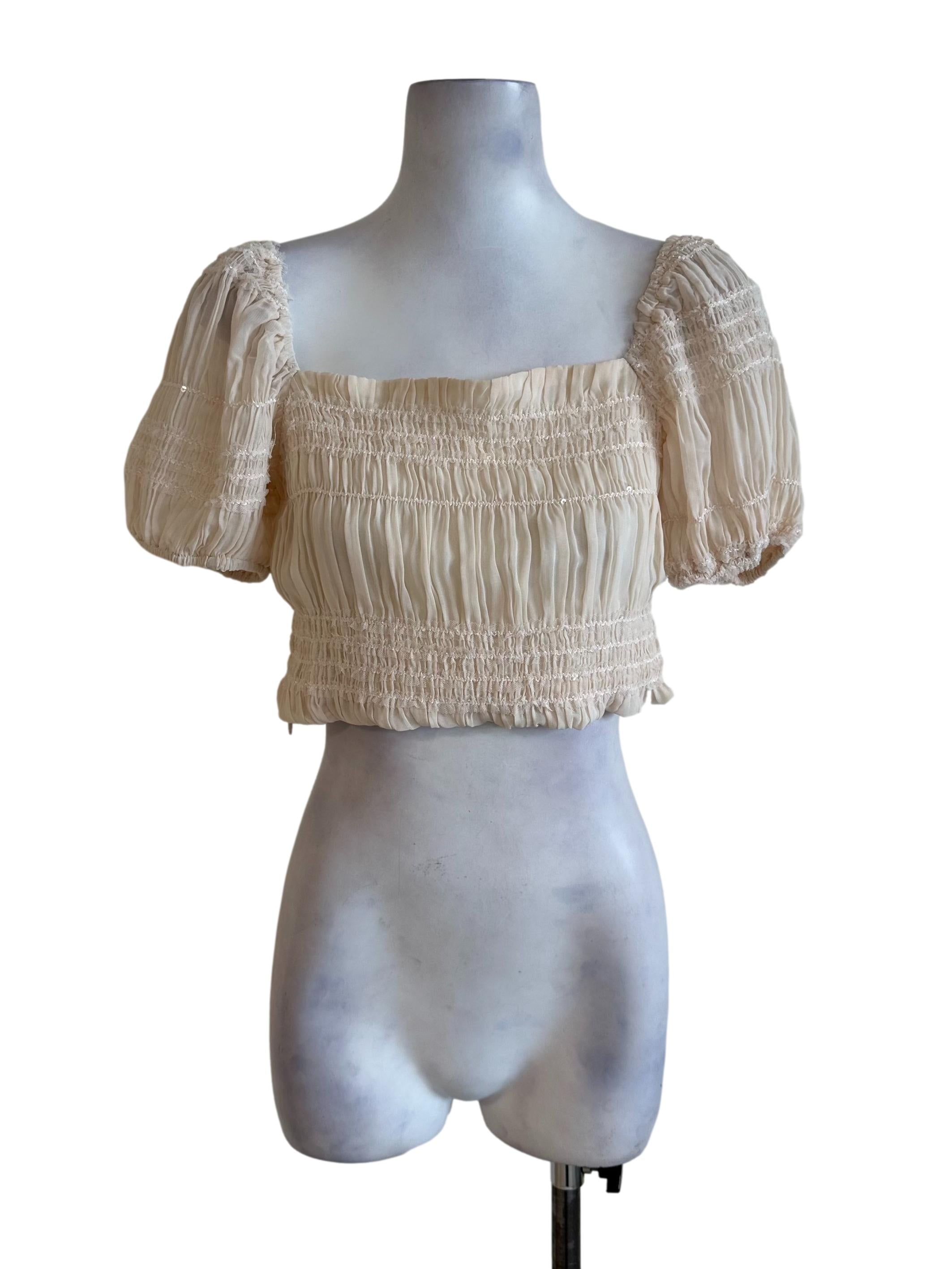 Cream Beige Lace Pleated Ruched Top