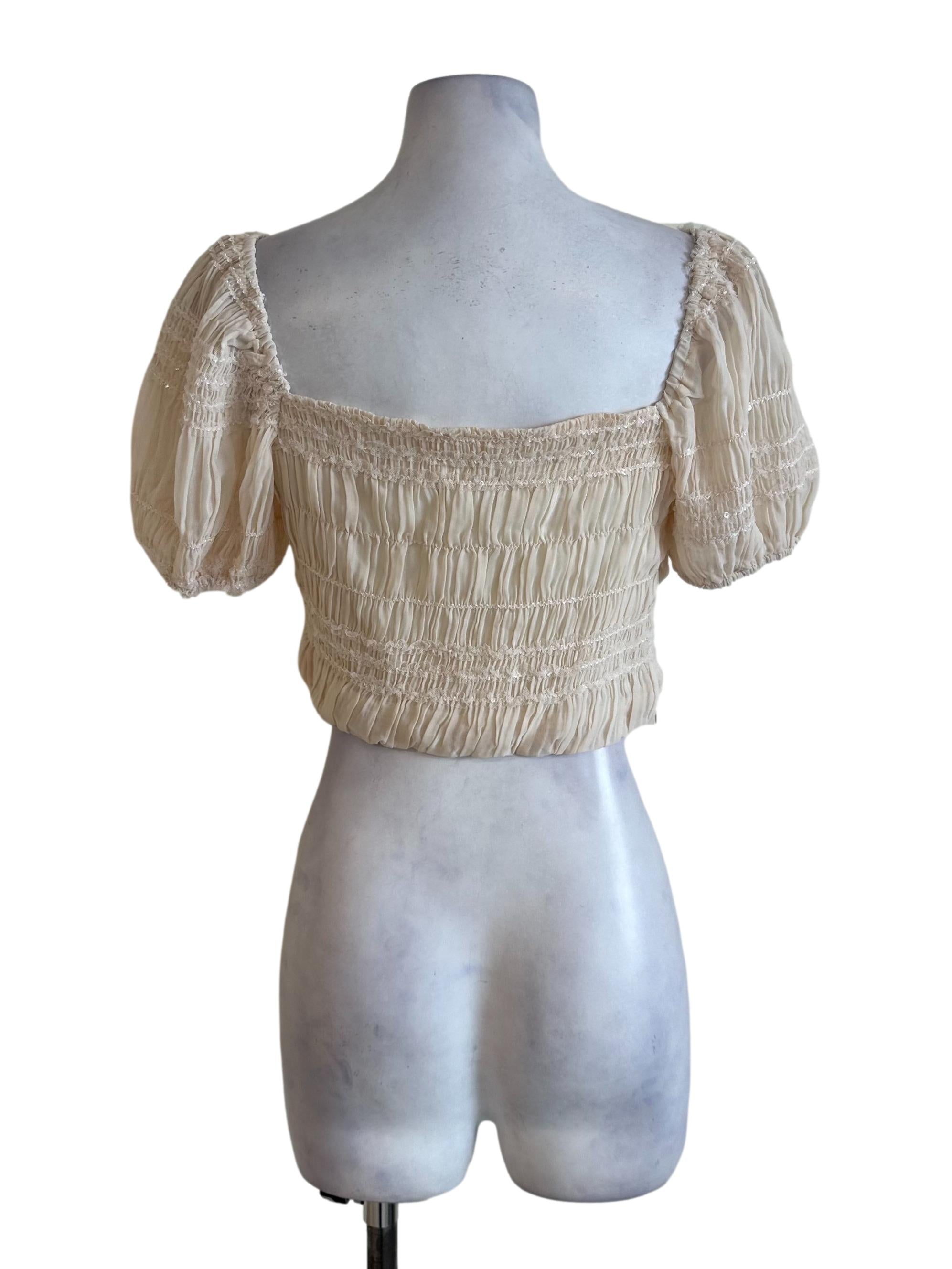 Cream Beige Lace Pleated Ruched Top