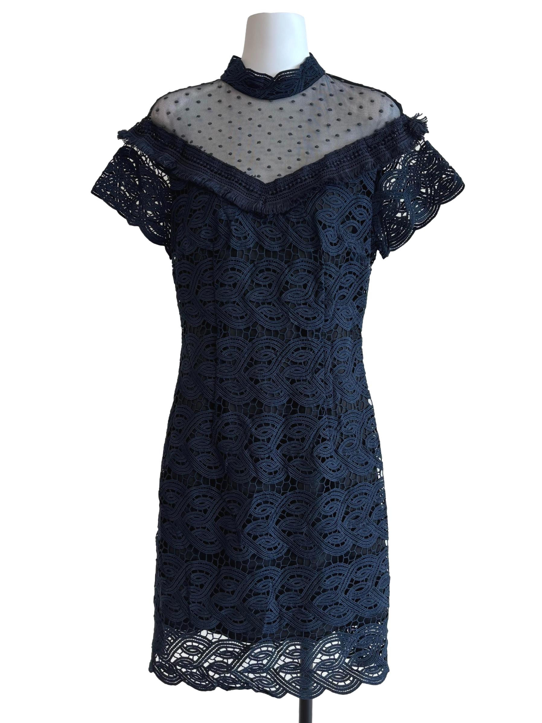 Midnight Blue Illusion Neck Lace Dress