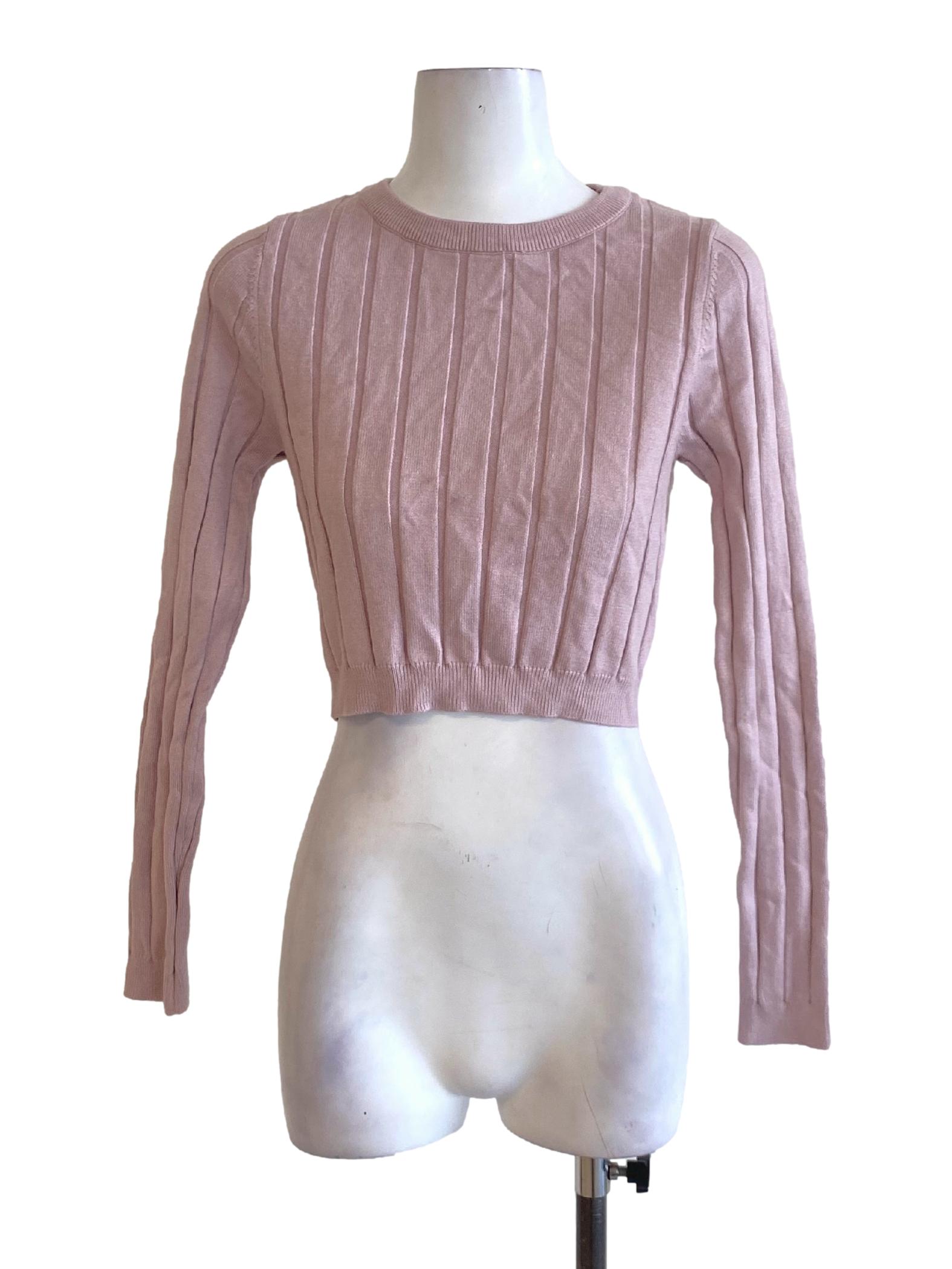 Dusty Purple Round Neck Knitted Long Sleeve Cropped Shirt