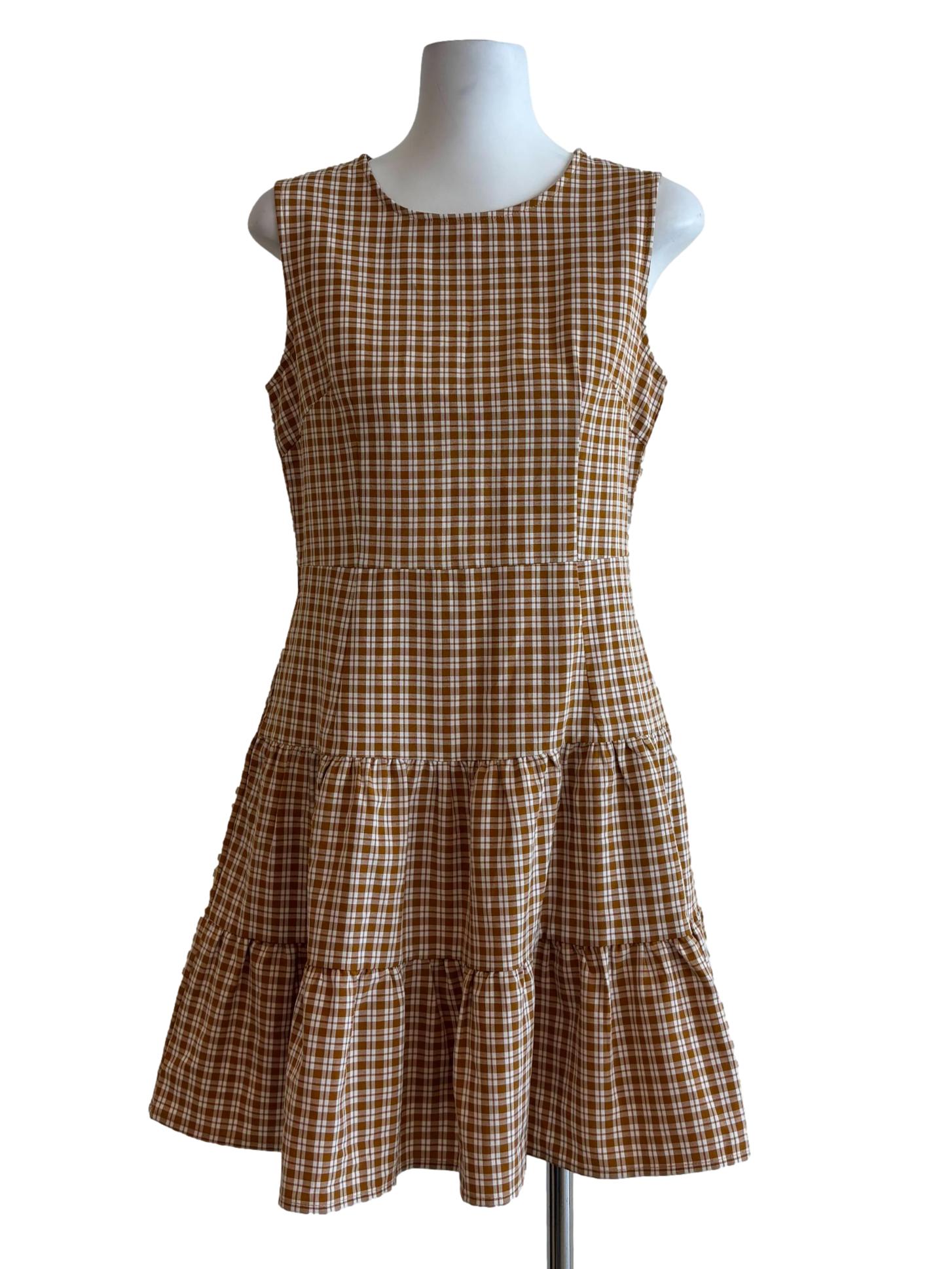 Cinnamon Brown Sleeveless Tiered Checkered Dress