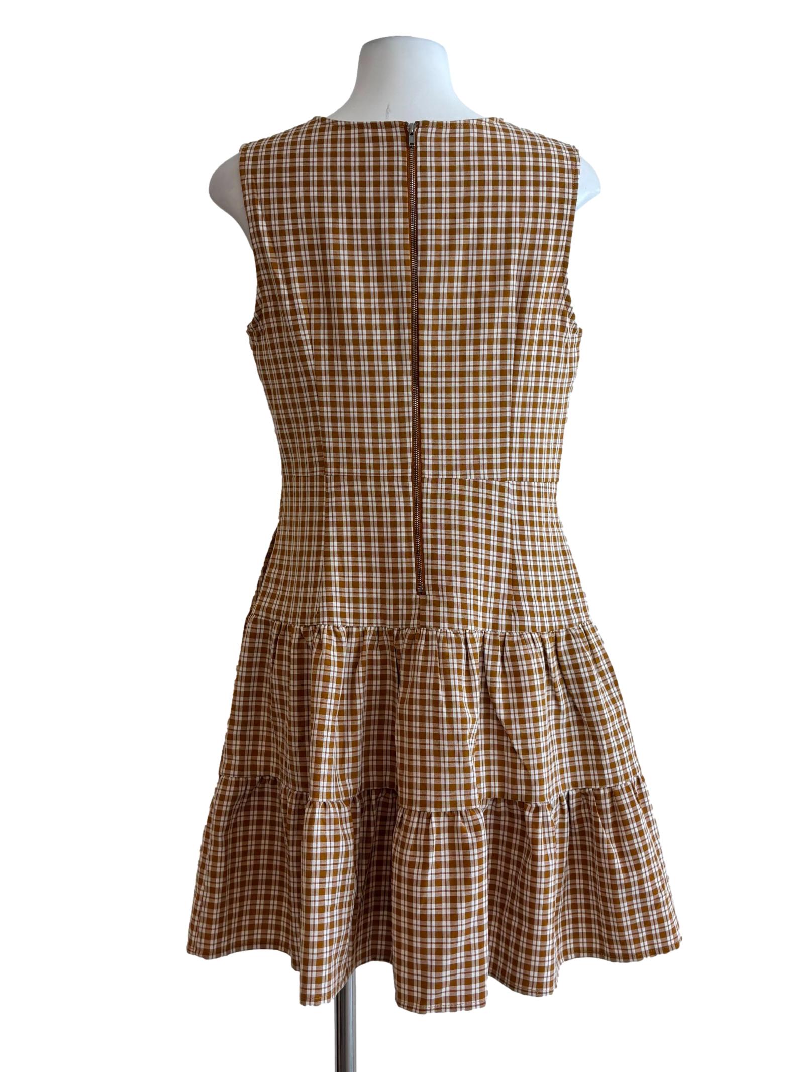 Cinnamon Brown Sleeveless Tiered Checkered Dress