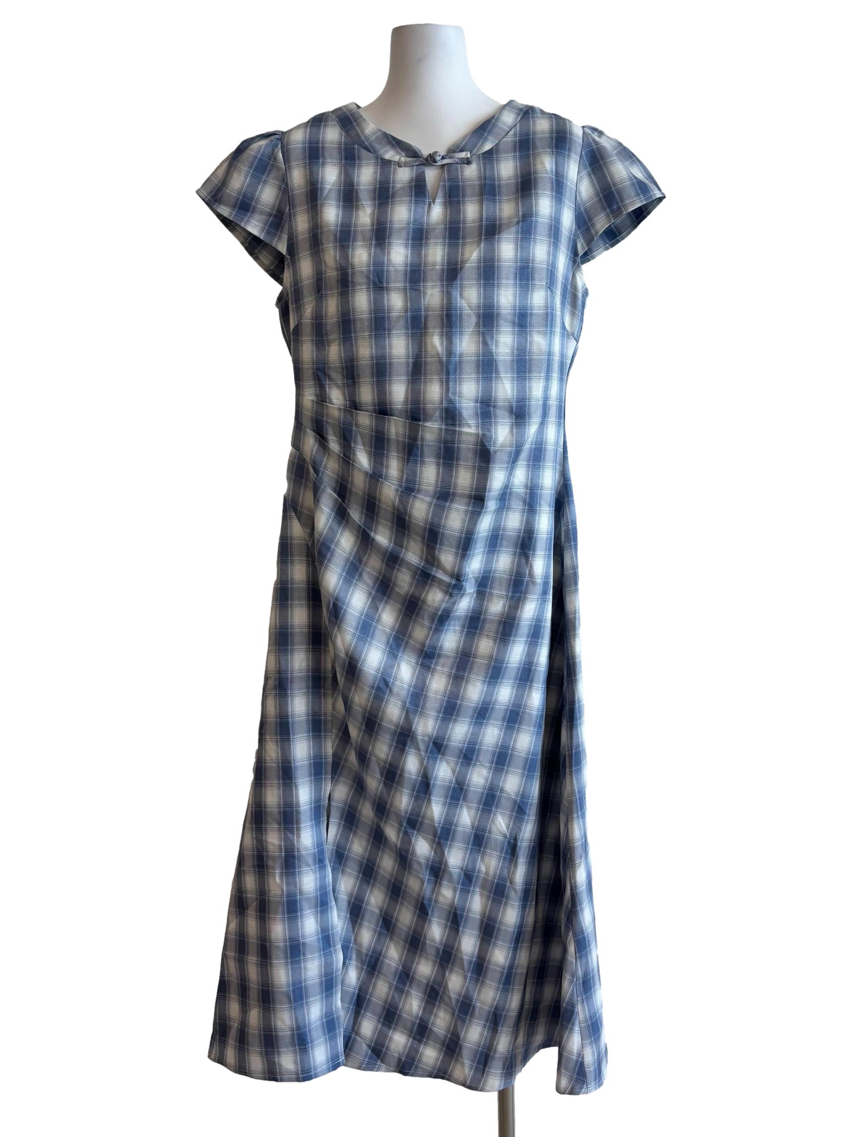 Stone Blue Plaid Cheongsam Dress
