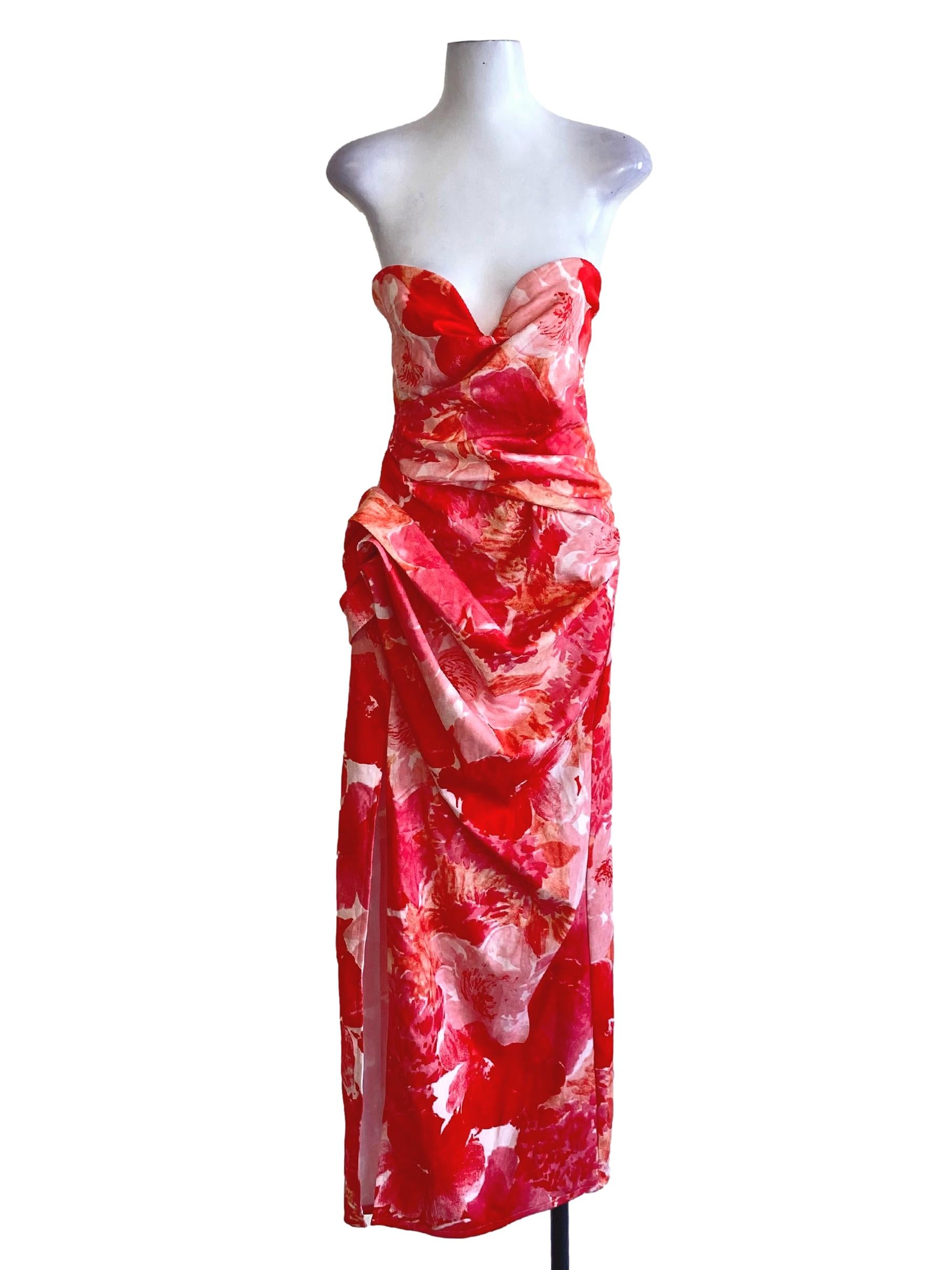 Apple Red Abstract Sweetheart Strapless Wrap Slit Dress