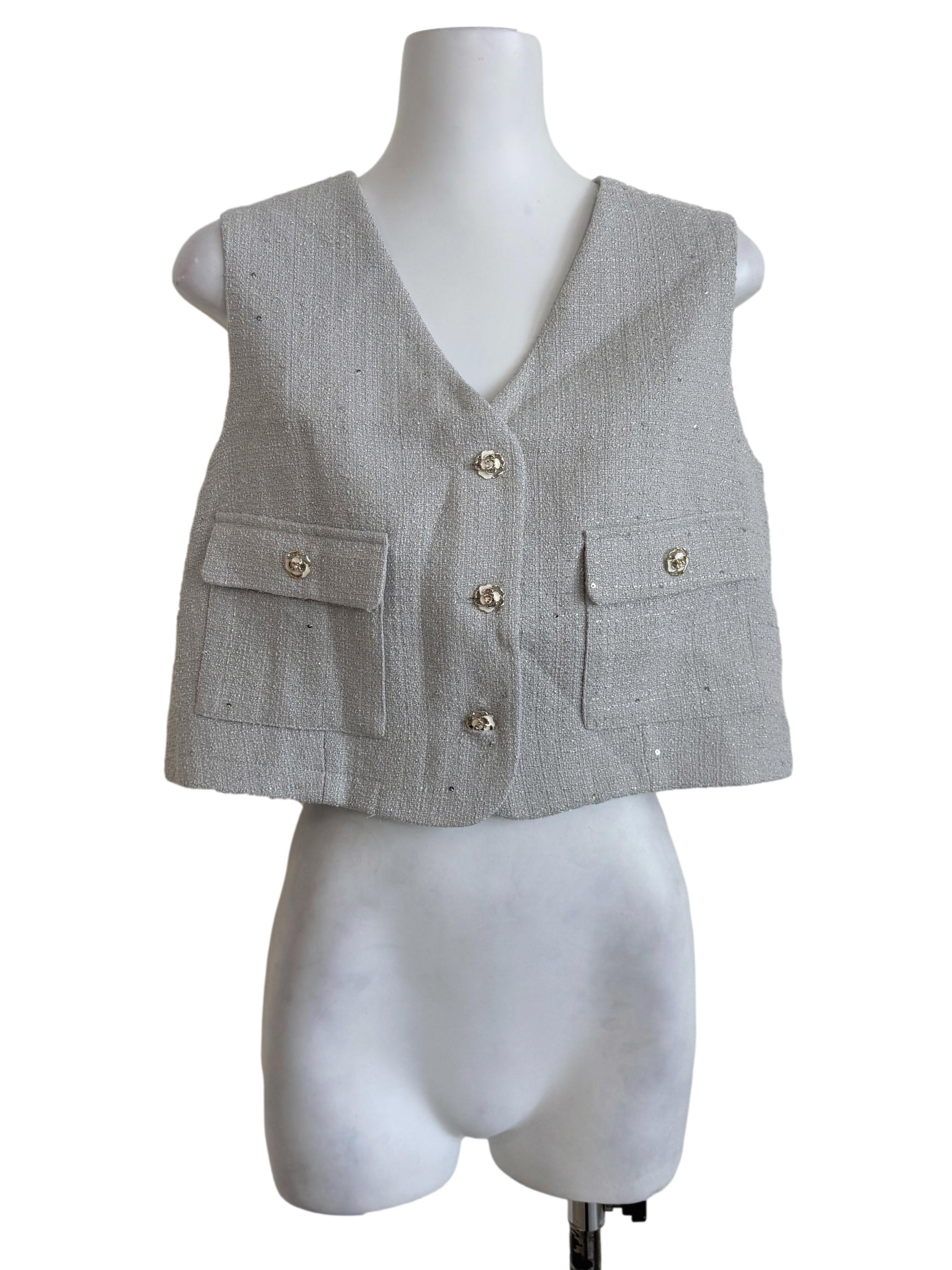 Stone Blue Tweed Cropped Vest