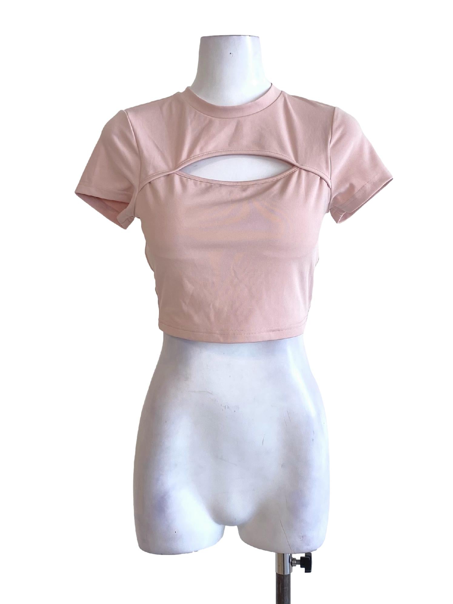 Crepe Pink Round Neck Cut Out Bust Short Sleeve Cropped Shirt
