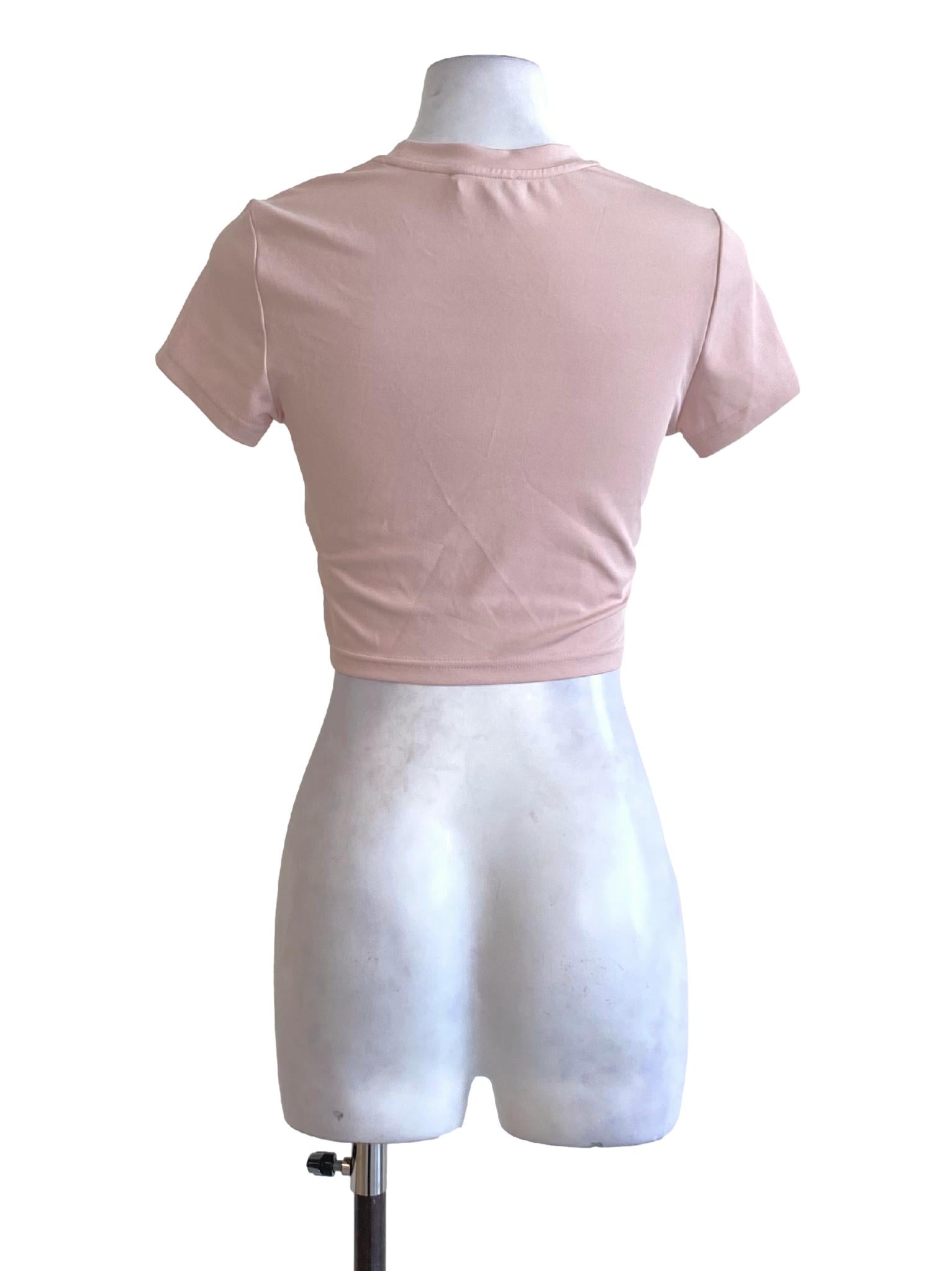 Crepe Pink Round Neck Cut Out Bust Short Sleeve Cropped Shirt