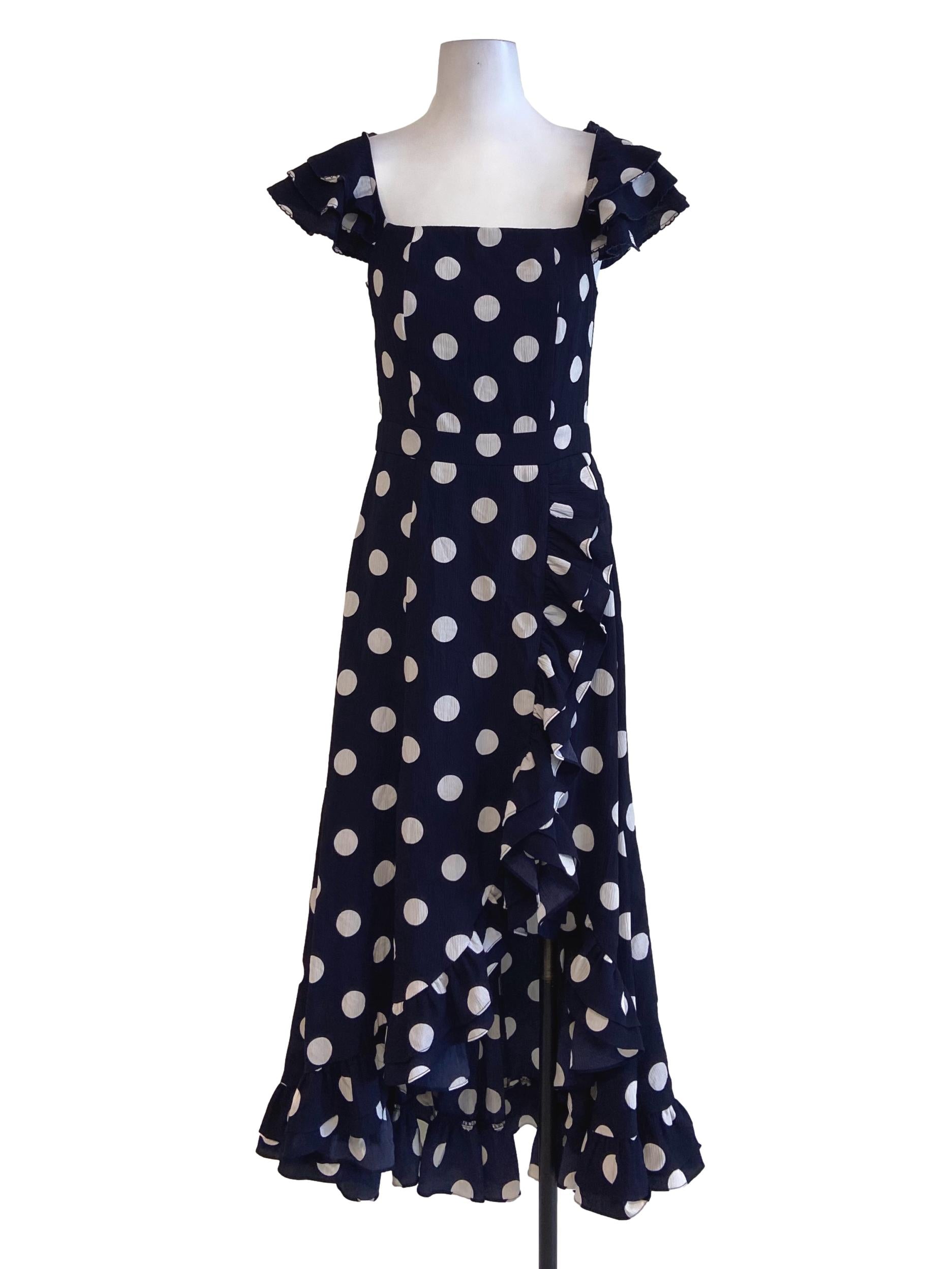 Navy Blue & White Dot Asymmetric Ruffled Dress TCL