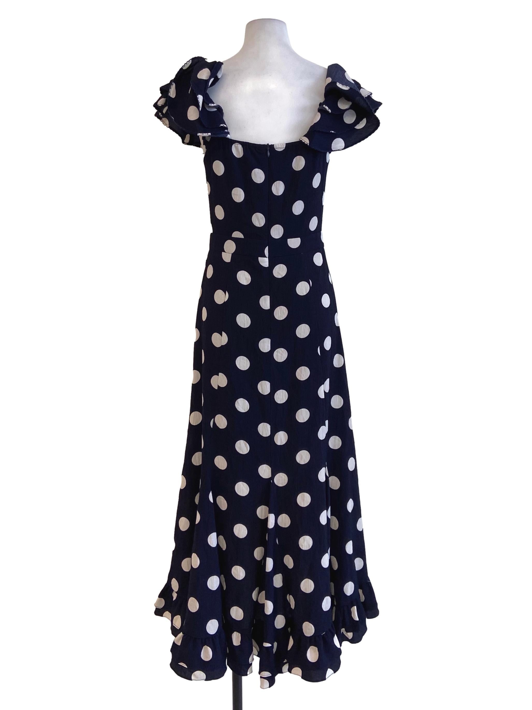 Navy Blue & White Dot Asymmetric Ruffled Dress TCL