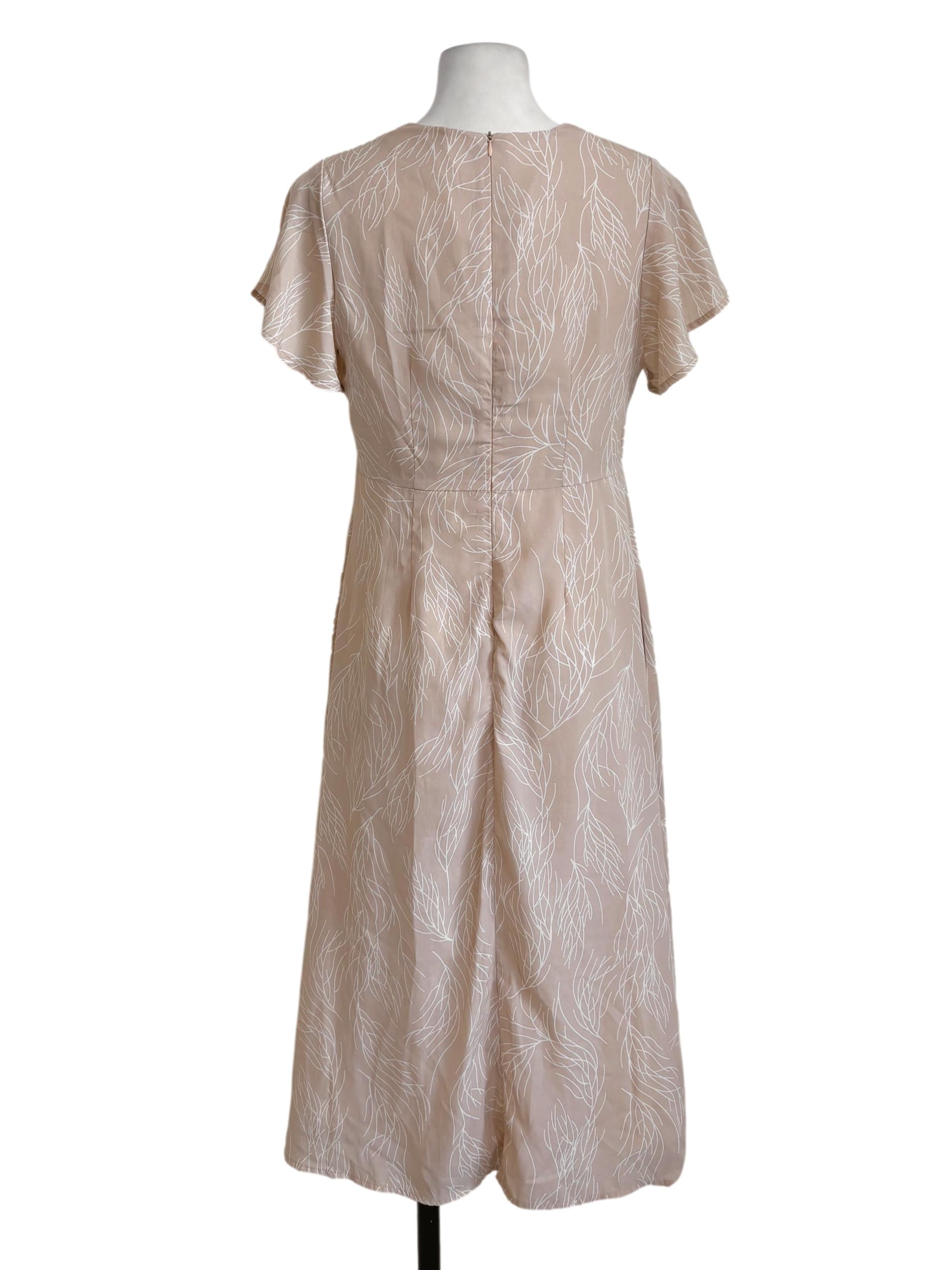 Beige Branch Print Buttoned Dress