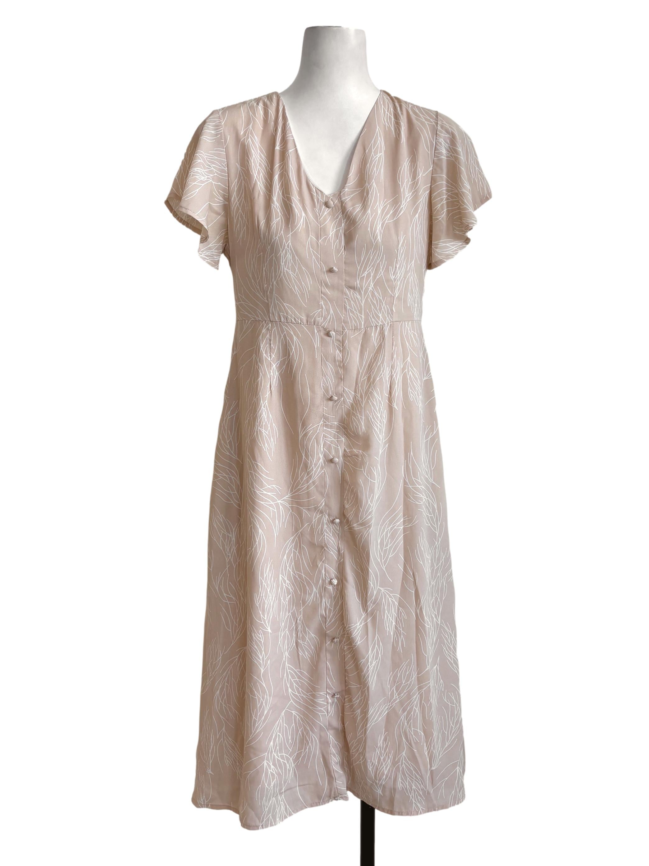 Beige Branch Print Buttoned Dress