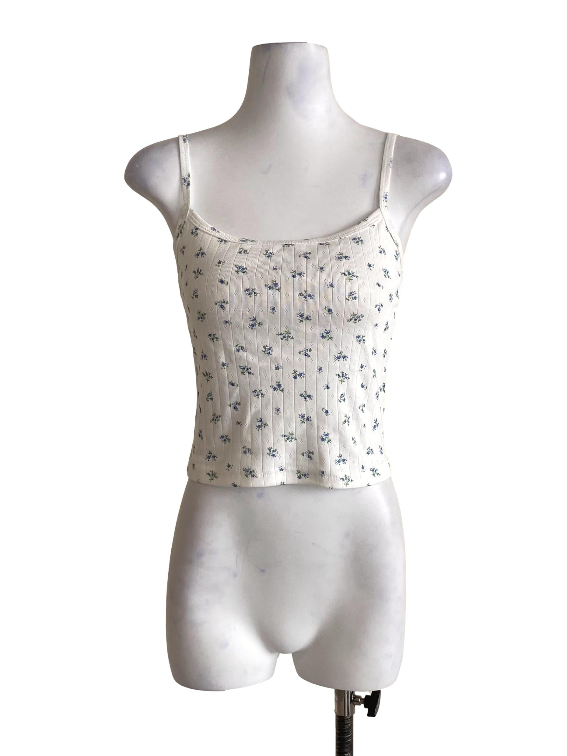 Daisy White With Blue And Green Floral Pattern Sleeveless Square Top TTR