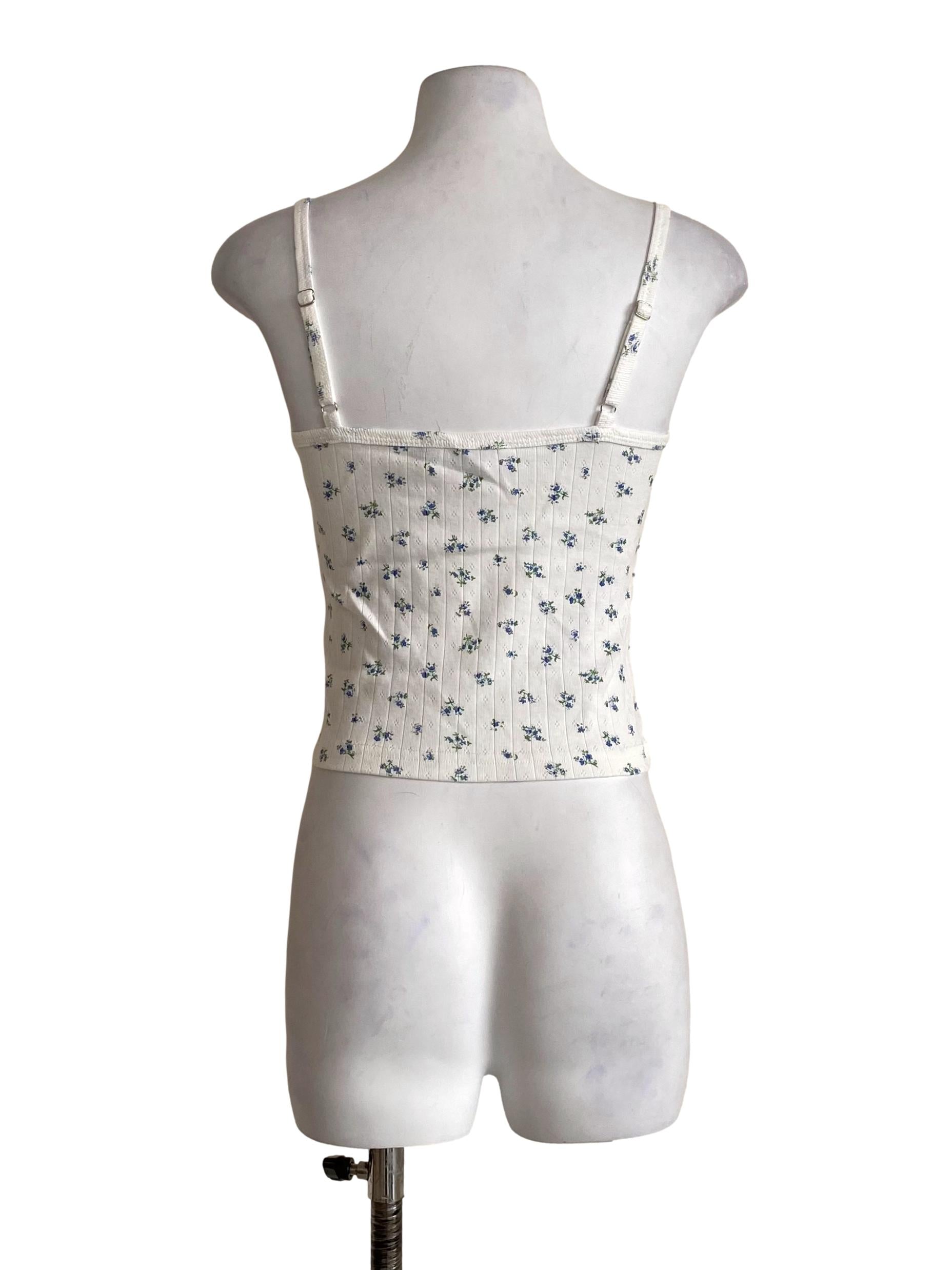 Daisy White With Blue And Green Floral Pattern Sleeveless Square Top TTR