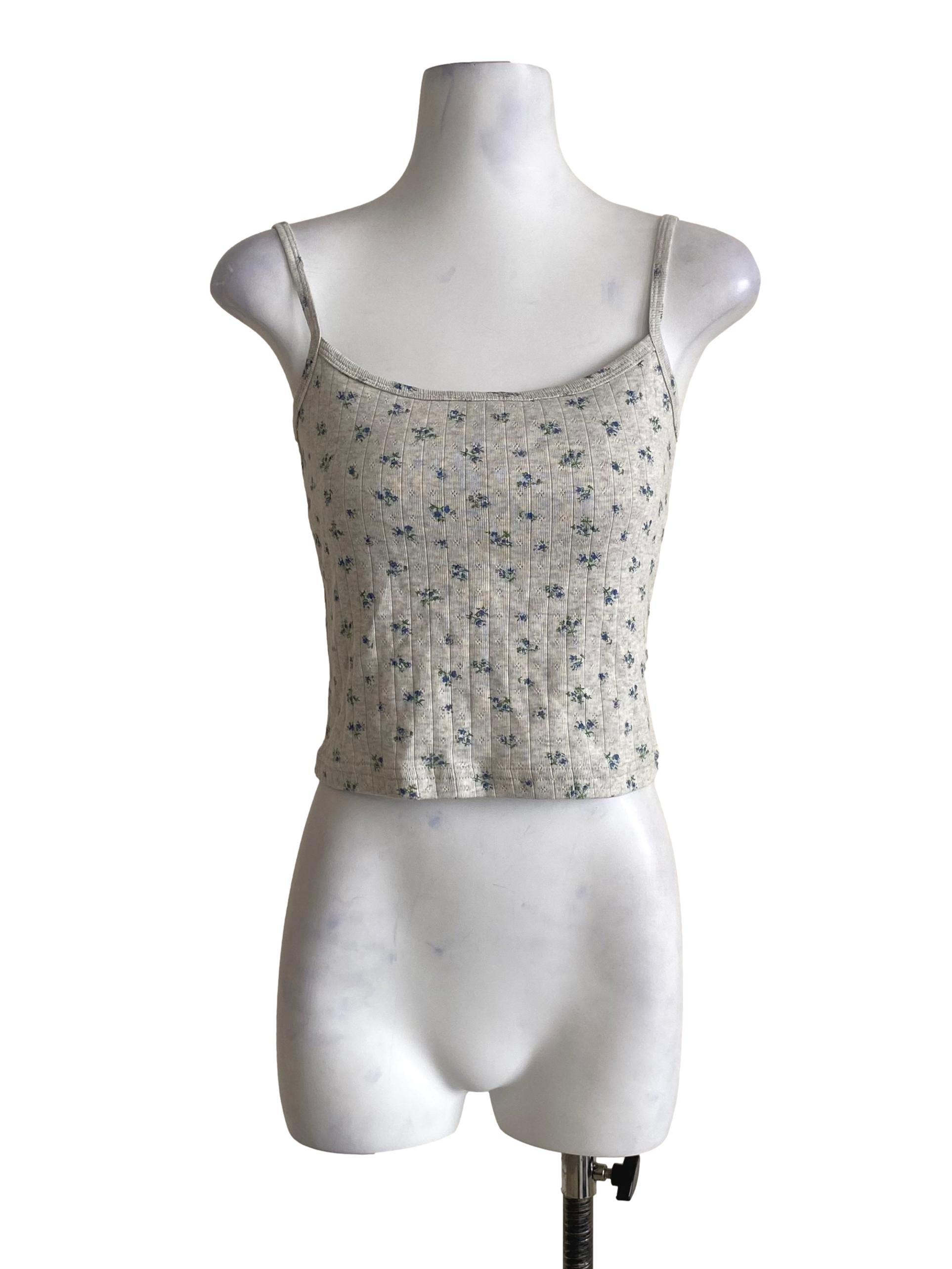 Cloud Grey With Blue And Green Floral Pattern Sleeveless Square Top TTR