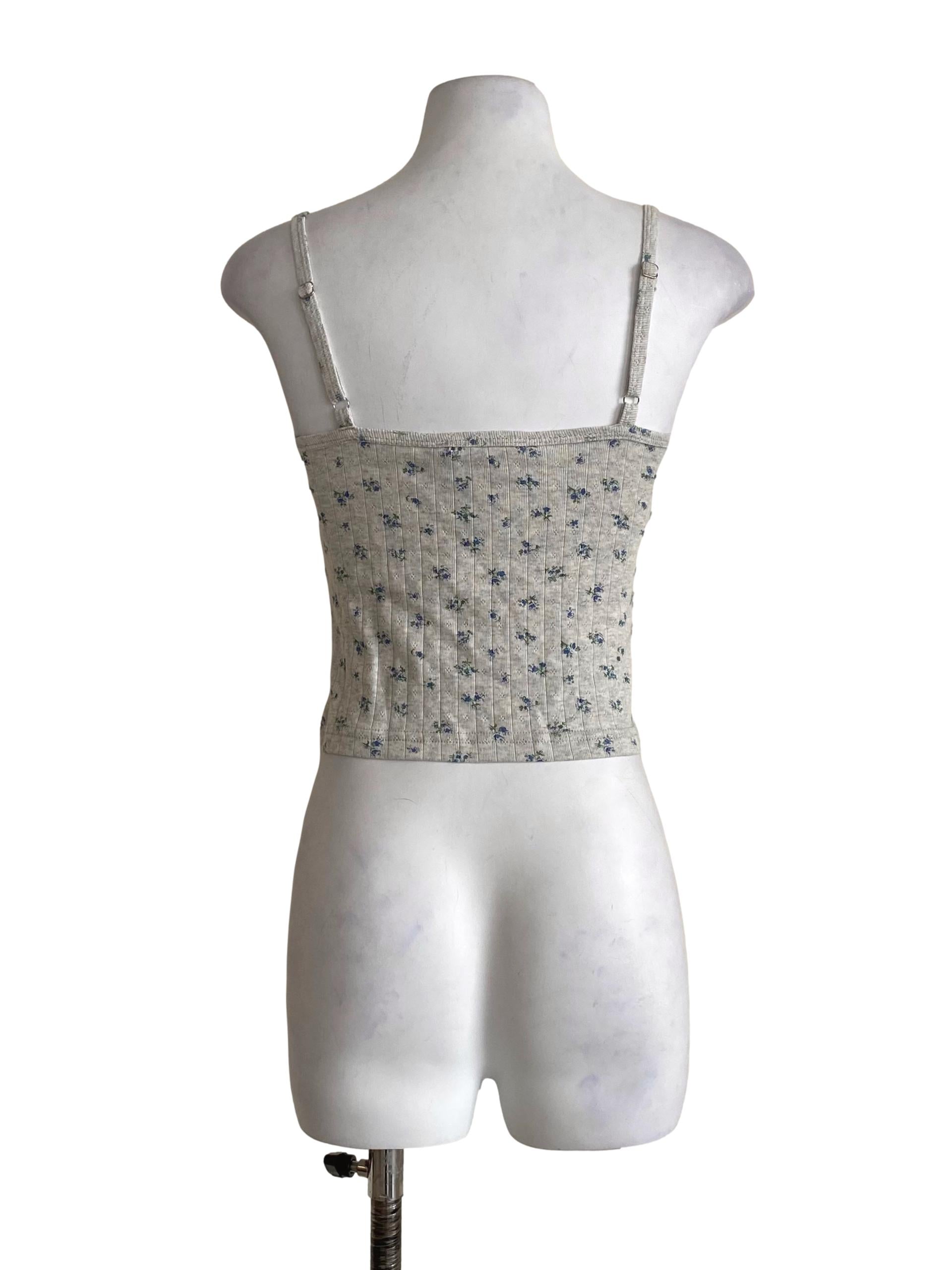 Cloud Grey With Blue And Green Floral Pattern Sleeveless Square Top TTR