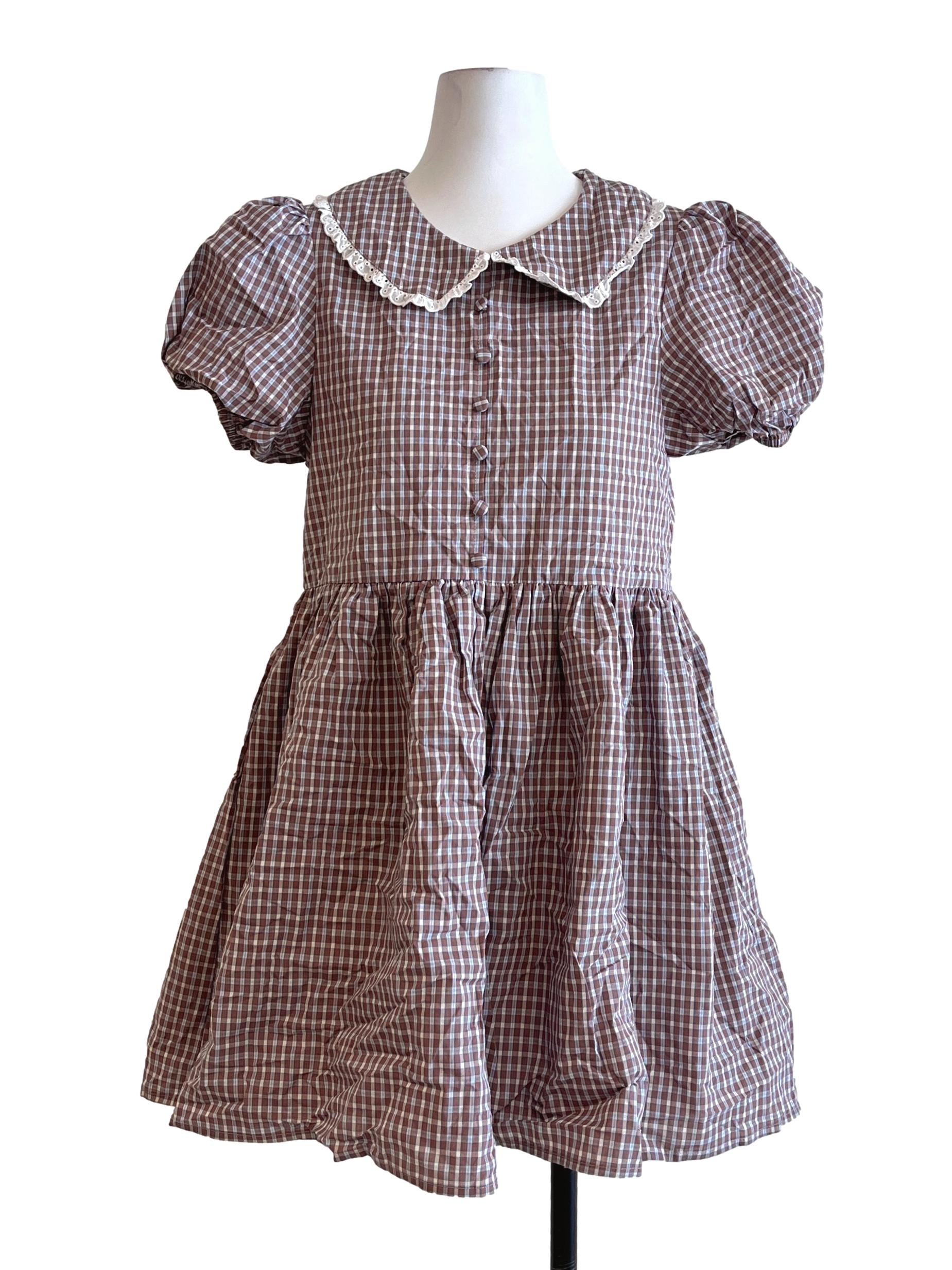 Peanut Brown Checkered Puff Sleeve Dress