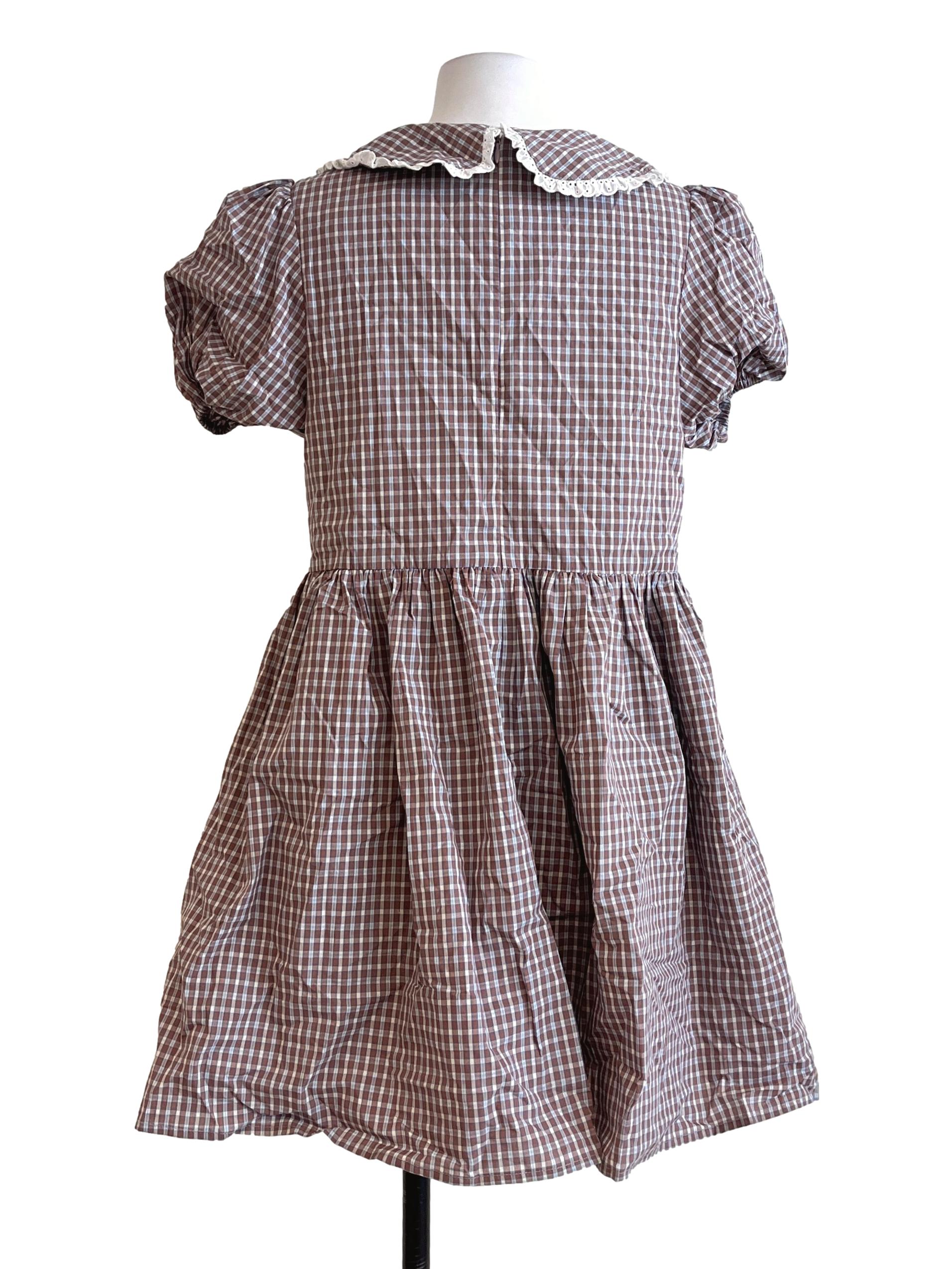 Peanut Brown Checkered Puff Sleeve Dress