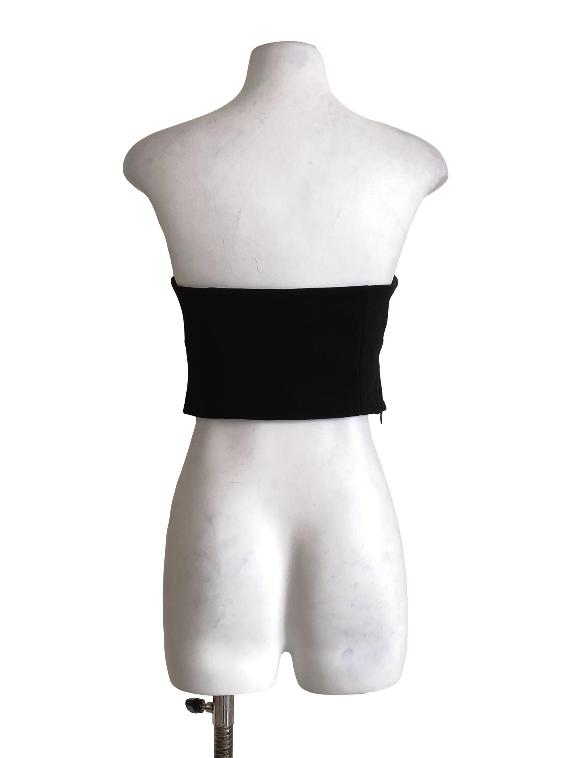 Obsidian Black With White Sewing Line Strapless Zip Crop Top TTR