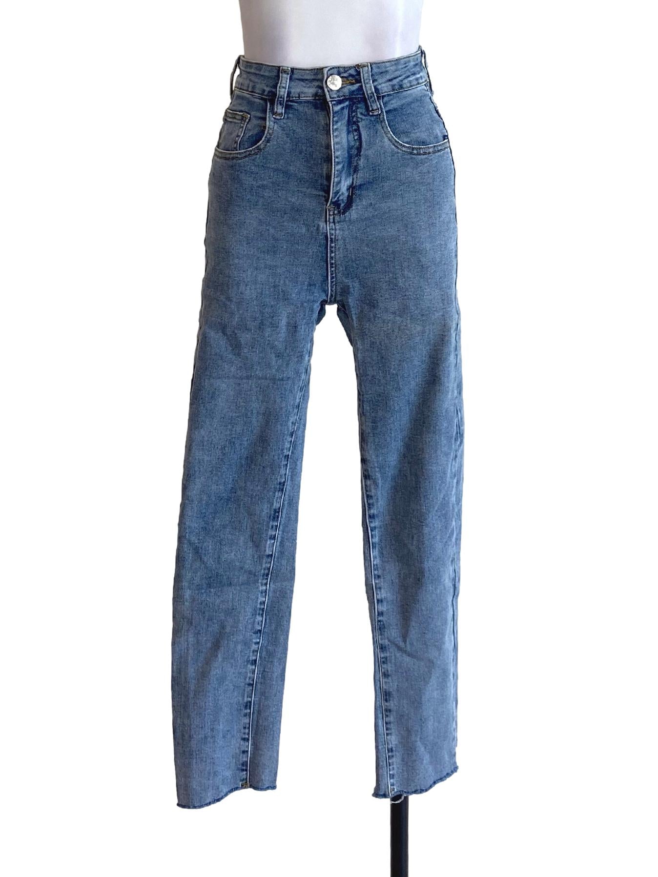 Denim Blue Buttoned Skinny Distressed Jeans