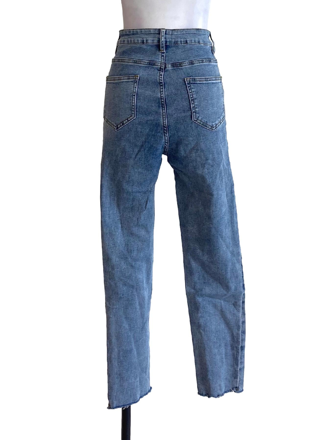 Denim Blue Buttoned Skinny Distressed Jeans