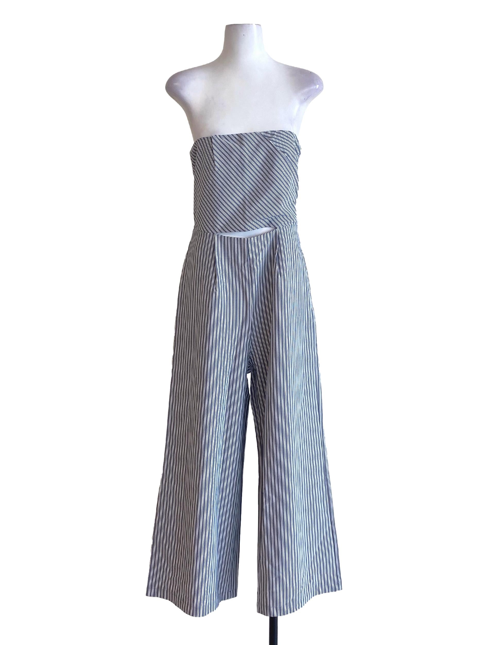 Stone Blue Stripes Cut Out Waist Strapless Jumpsuit