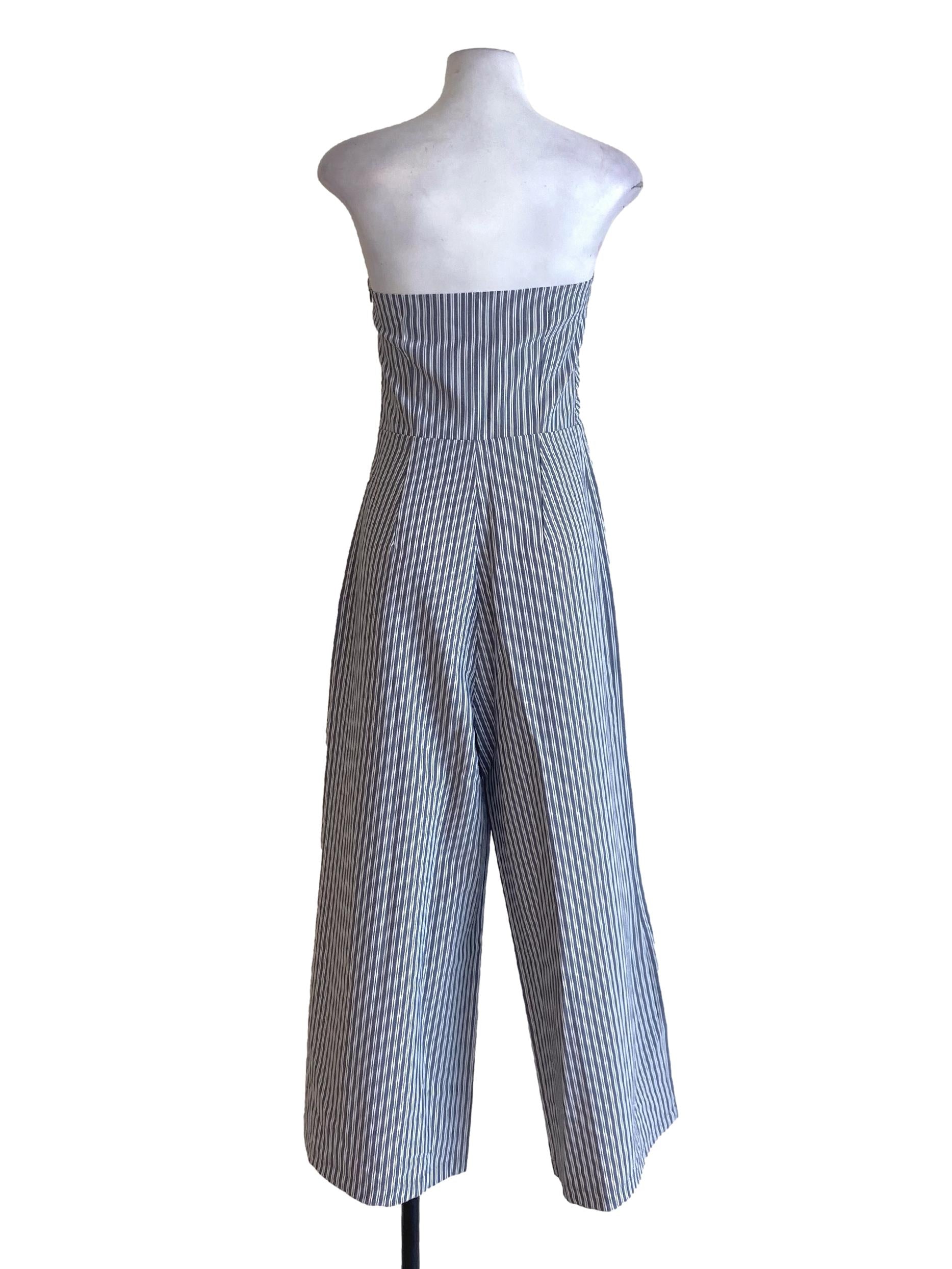 Stone Blue Stripes Cut Out Waist Strapless Jumpsuit