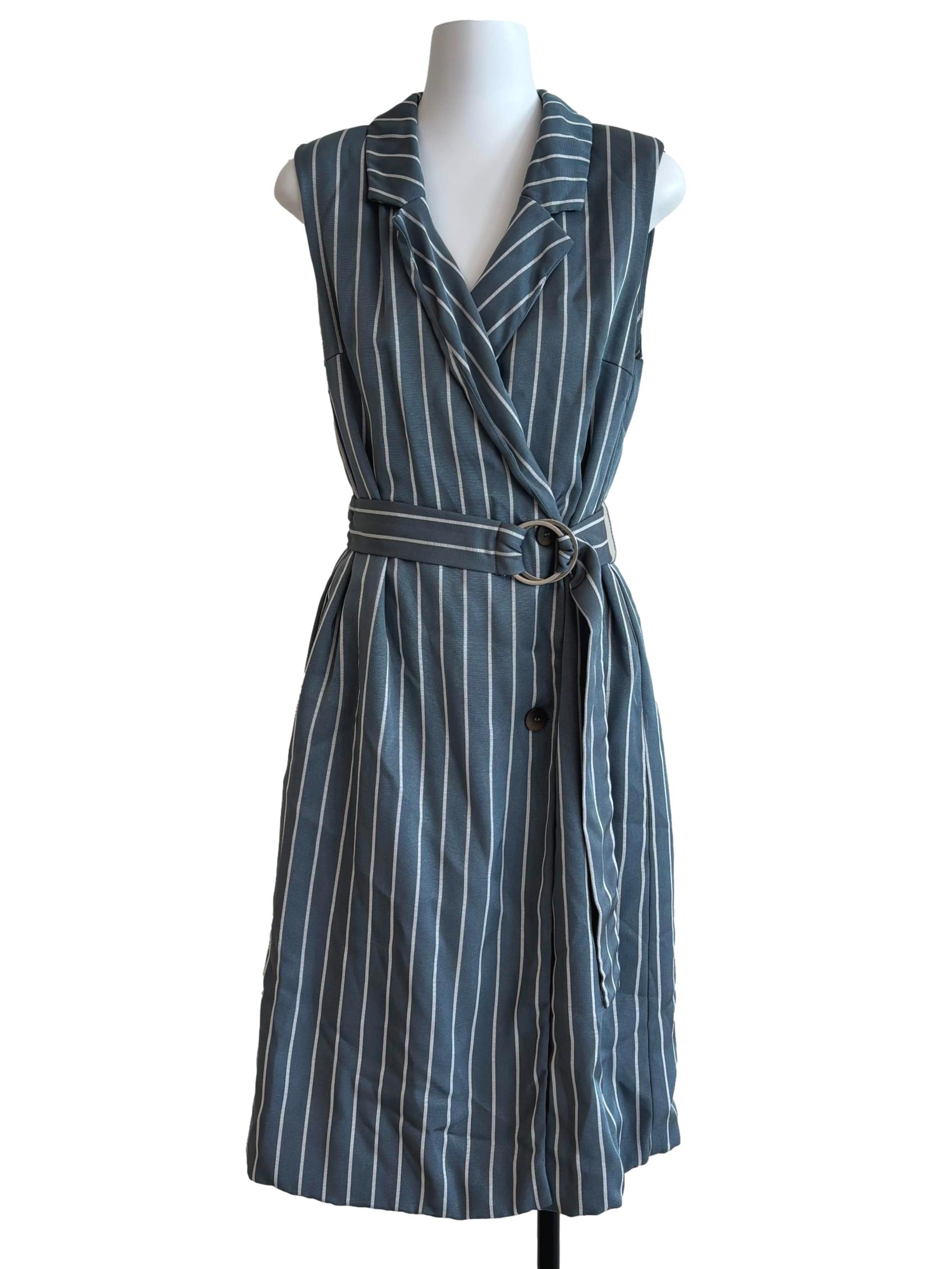 Stone Blue Striped Sleeveless Blazer Dress