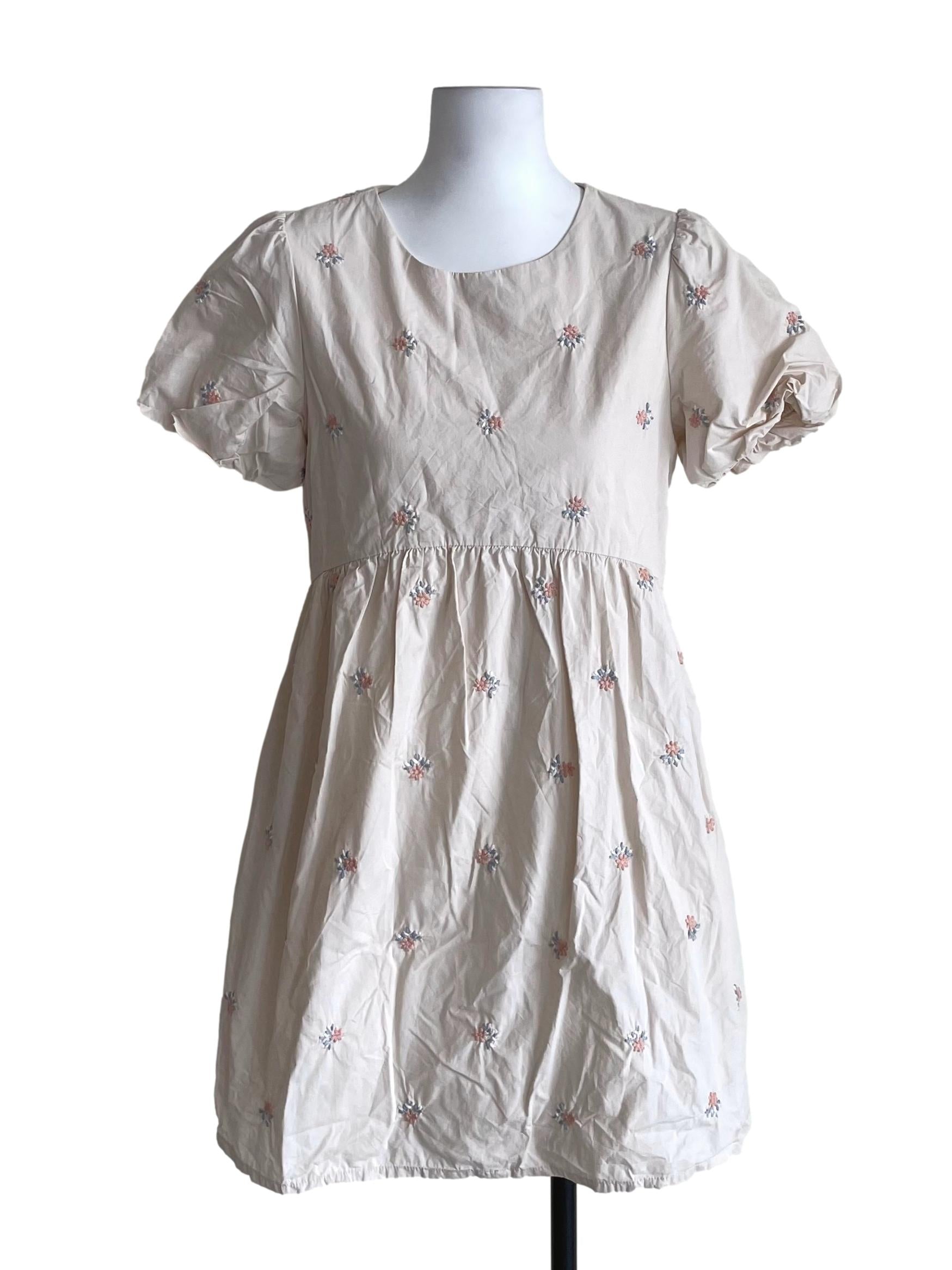 Lace White Floral Puff Sleeves Dress
