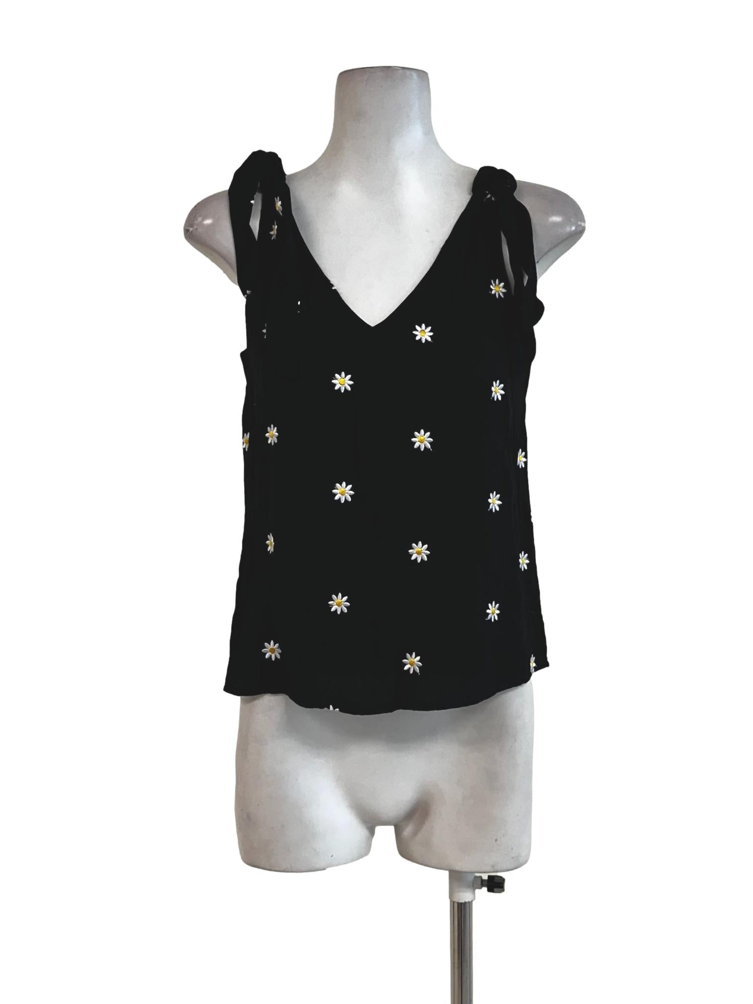 Black Embroidered Flower Sleeveless Top