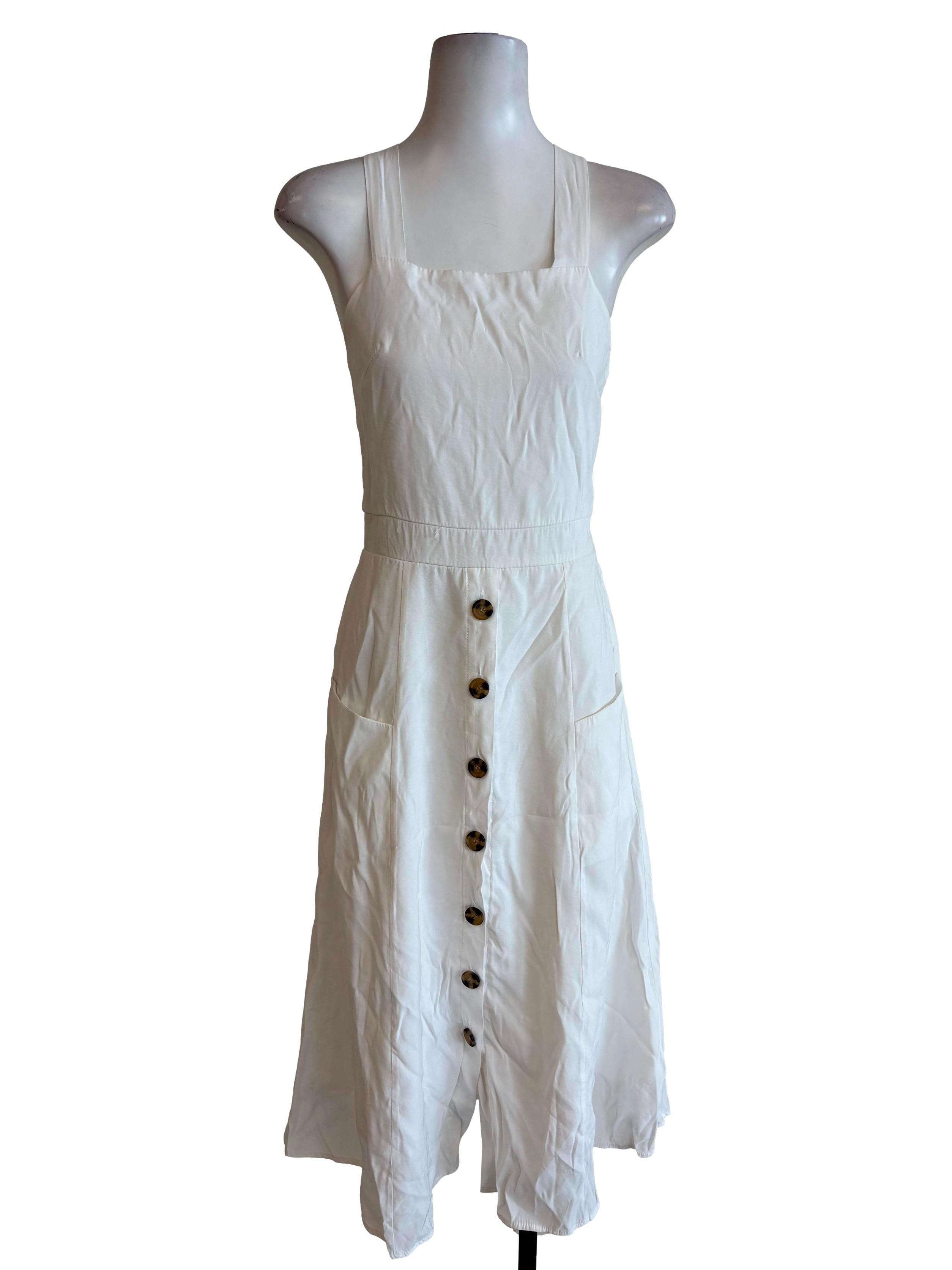 White Square Collar Dress With Tortoiseshell Button