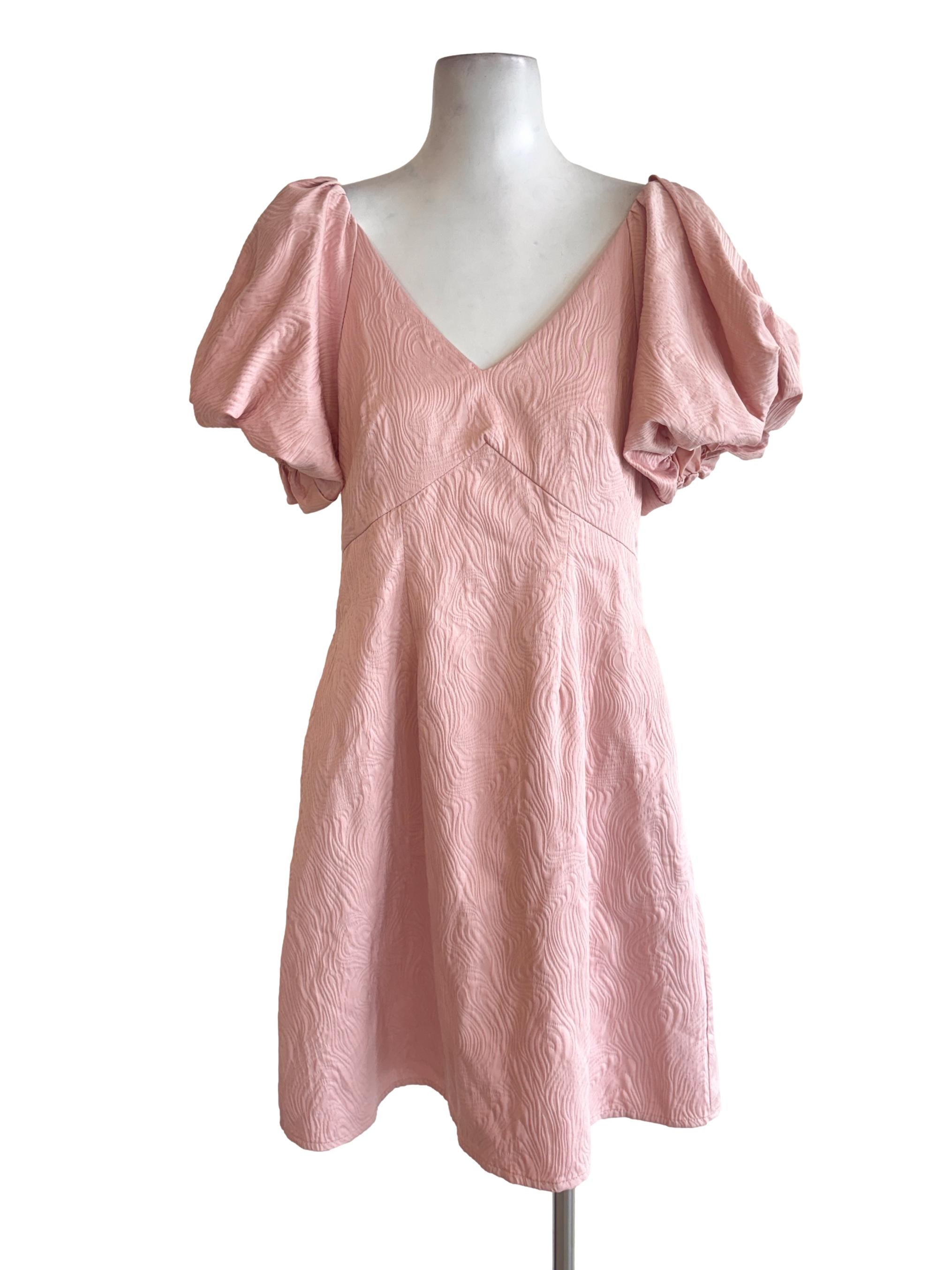 Pink Puffed Sleeves Patterned Dress