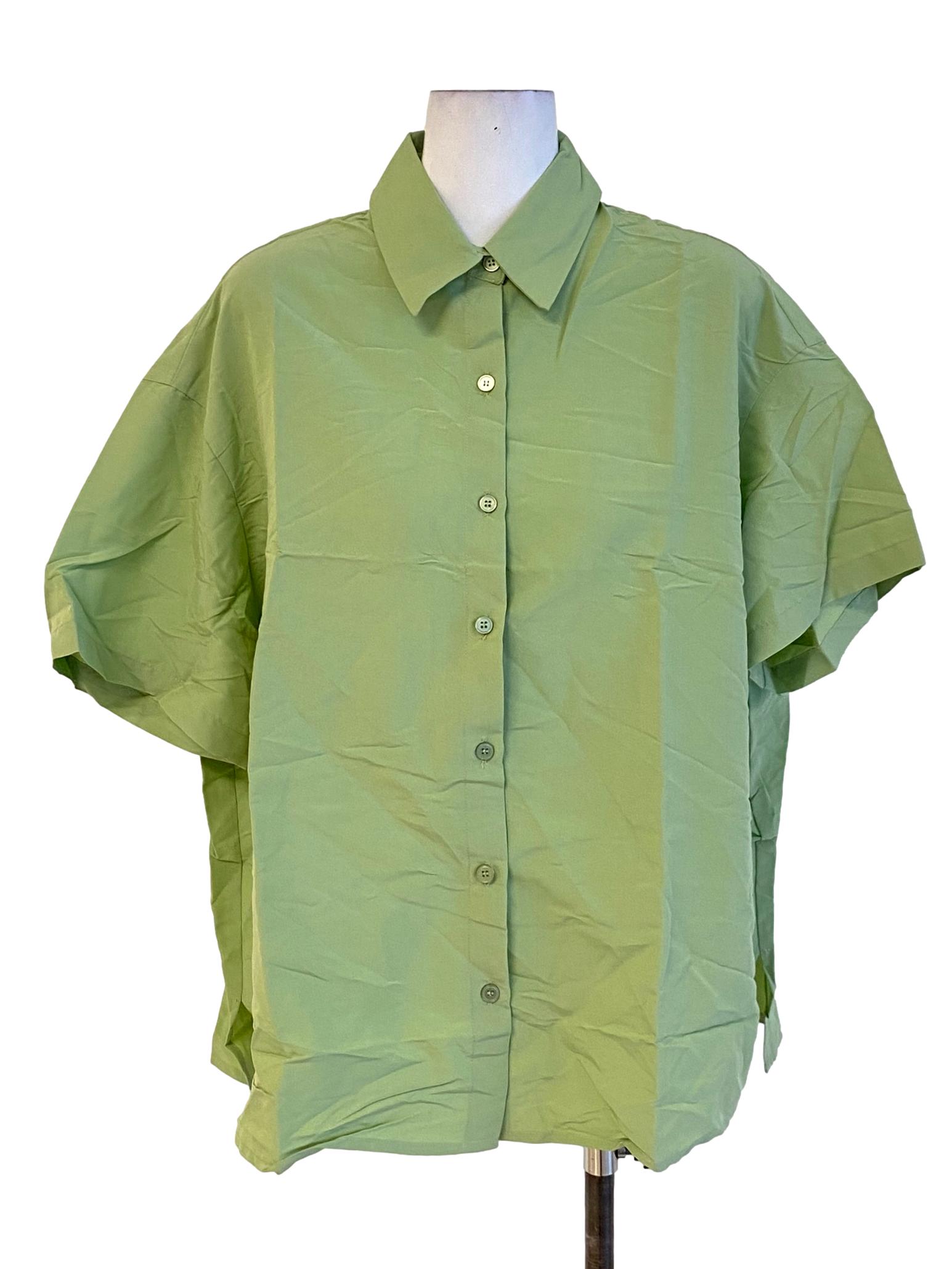 Sage Green Buttoned Down Cropped Sleeve Shirt Blouse