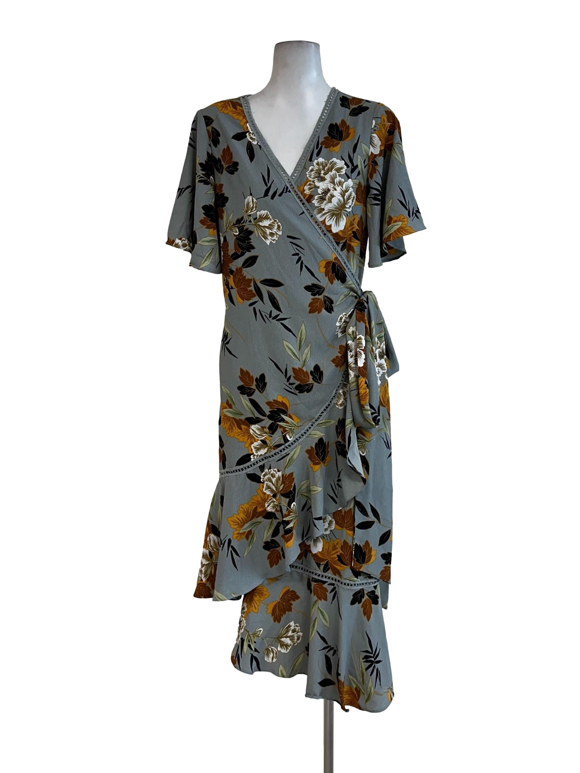 Stone Blue Flower Printed Wrap Dress