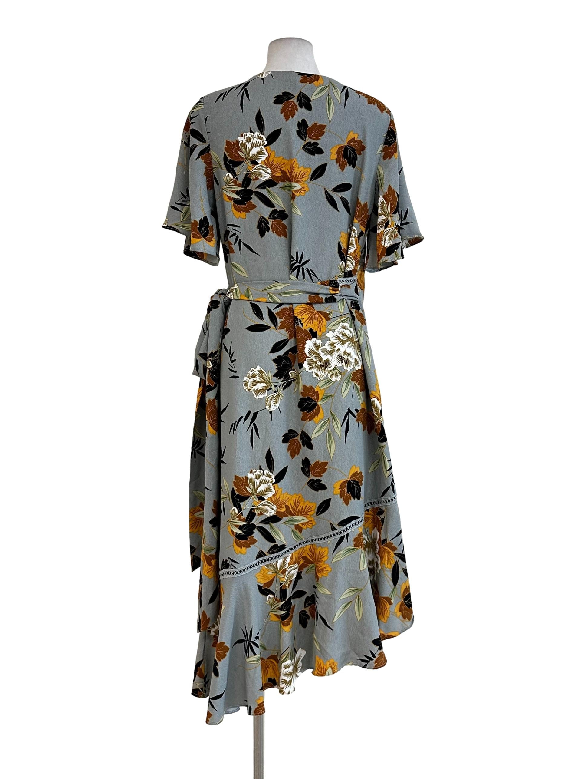 Stone Blue Flower Printed Wrap Dress