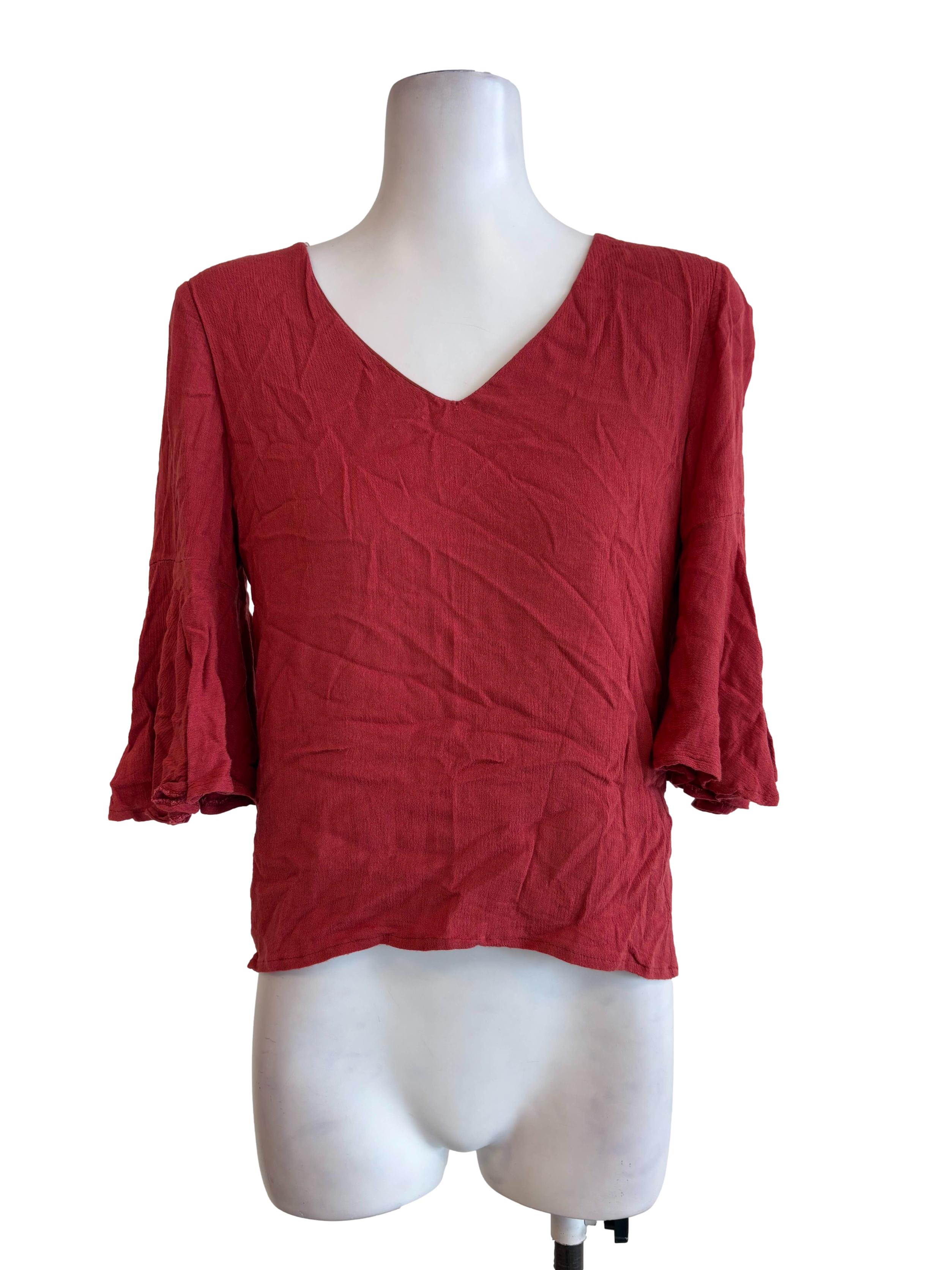 Brick Red Ruffled Sleeves Blouse