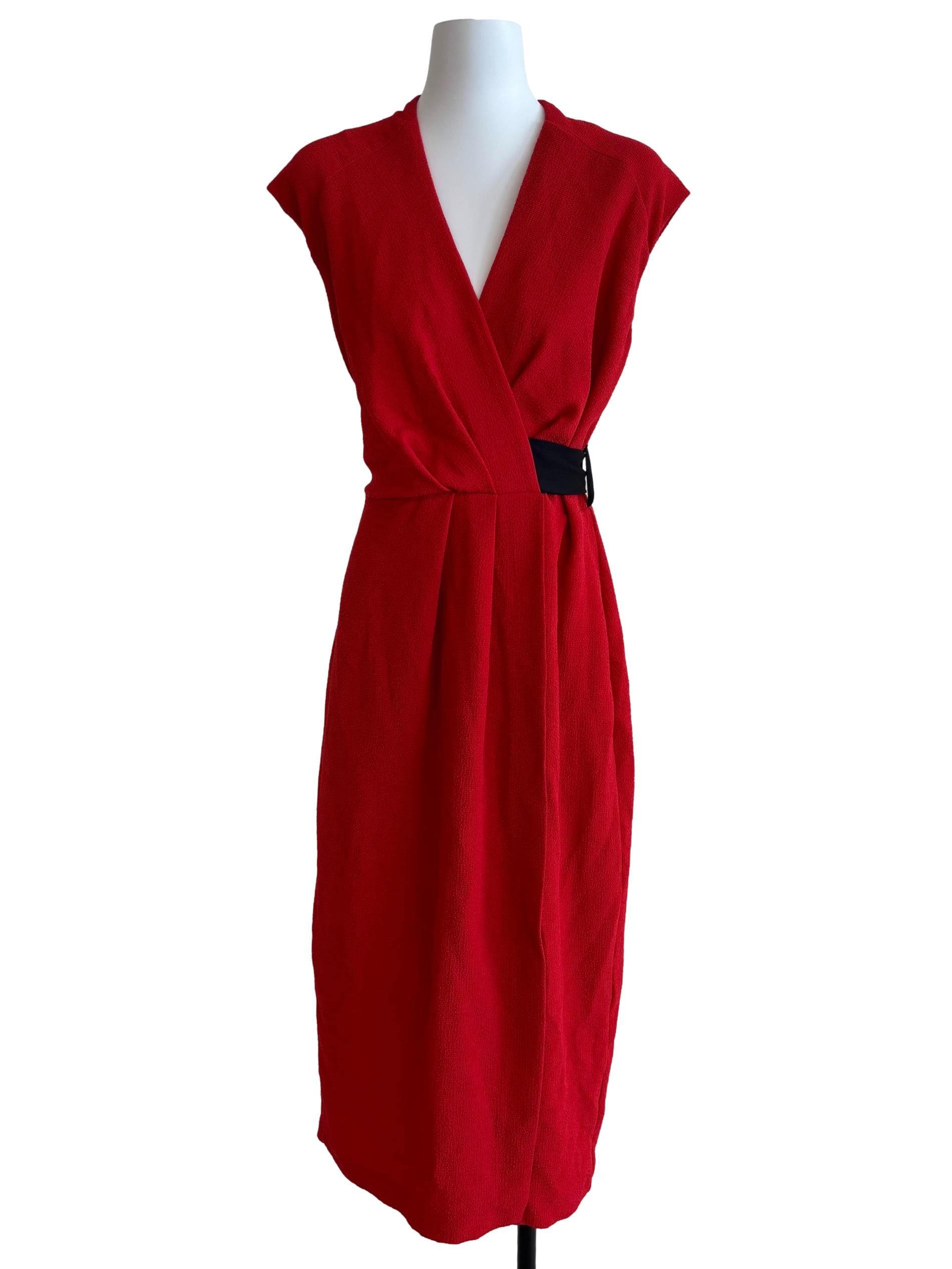 Apple Red Textured Surplice Dress