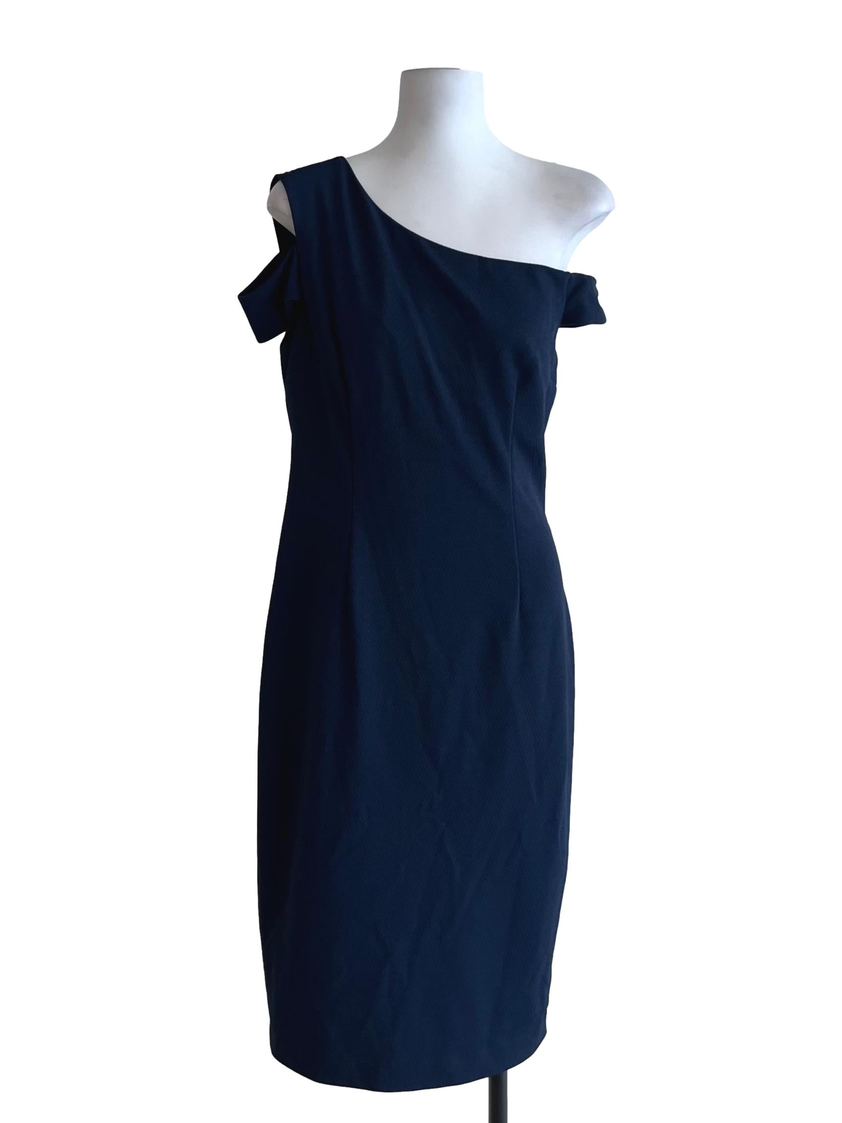 Navy Blue Asymmetrical Neckline Sheath Dress