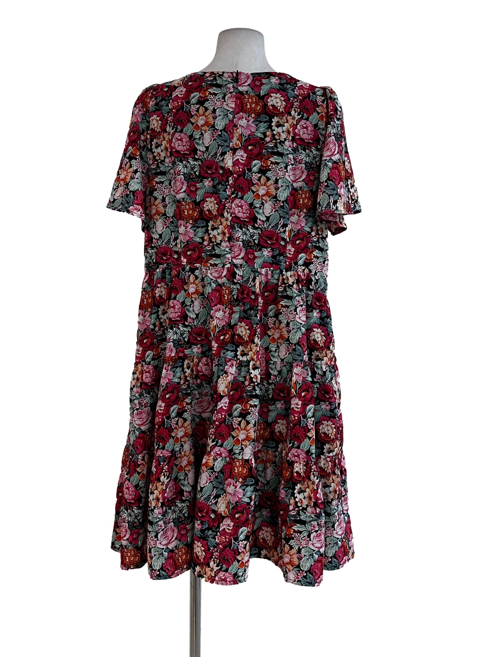 Pink Flower Printed Square Neck Dress