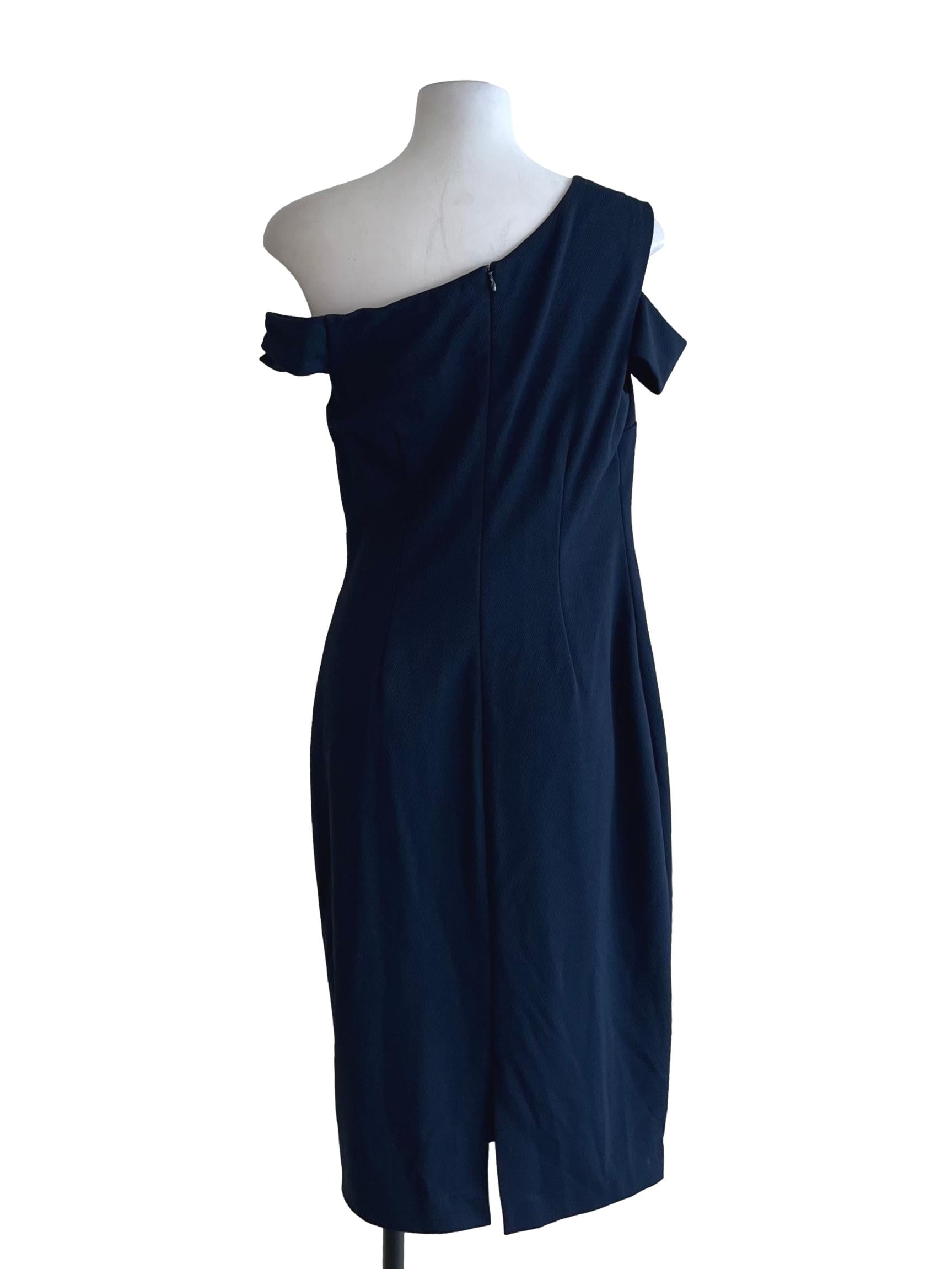 Navy Blue Asymmetrical Neckline Sheath Dress
