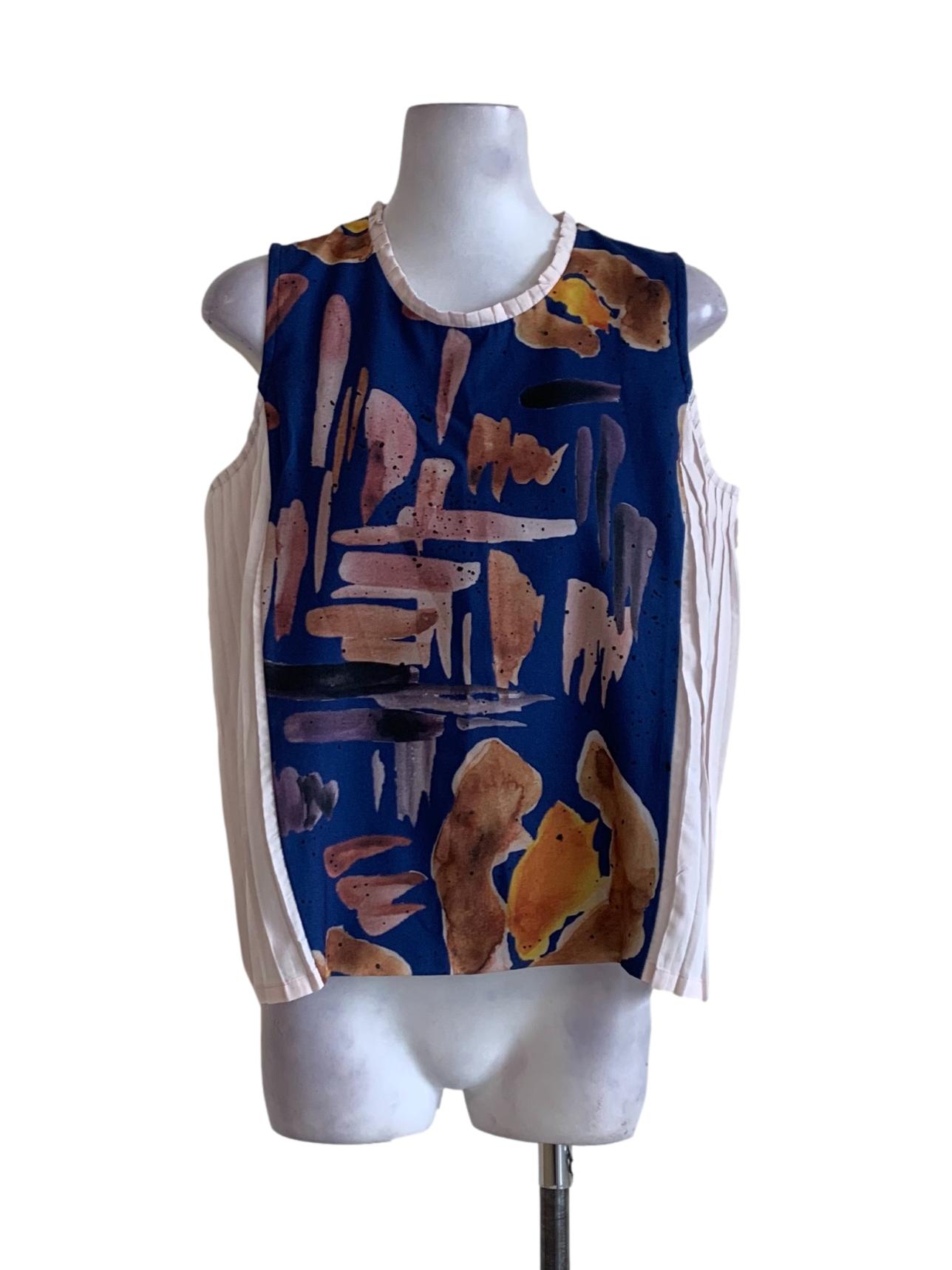 Indigo Blue Abstract Pattern Sleeveless Pleated Top
