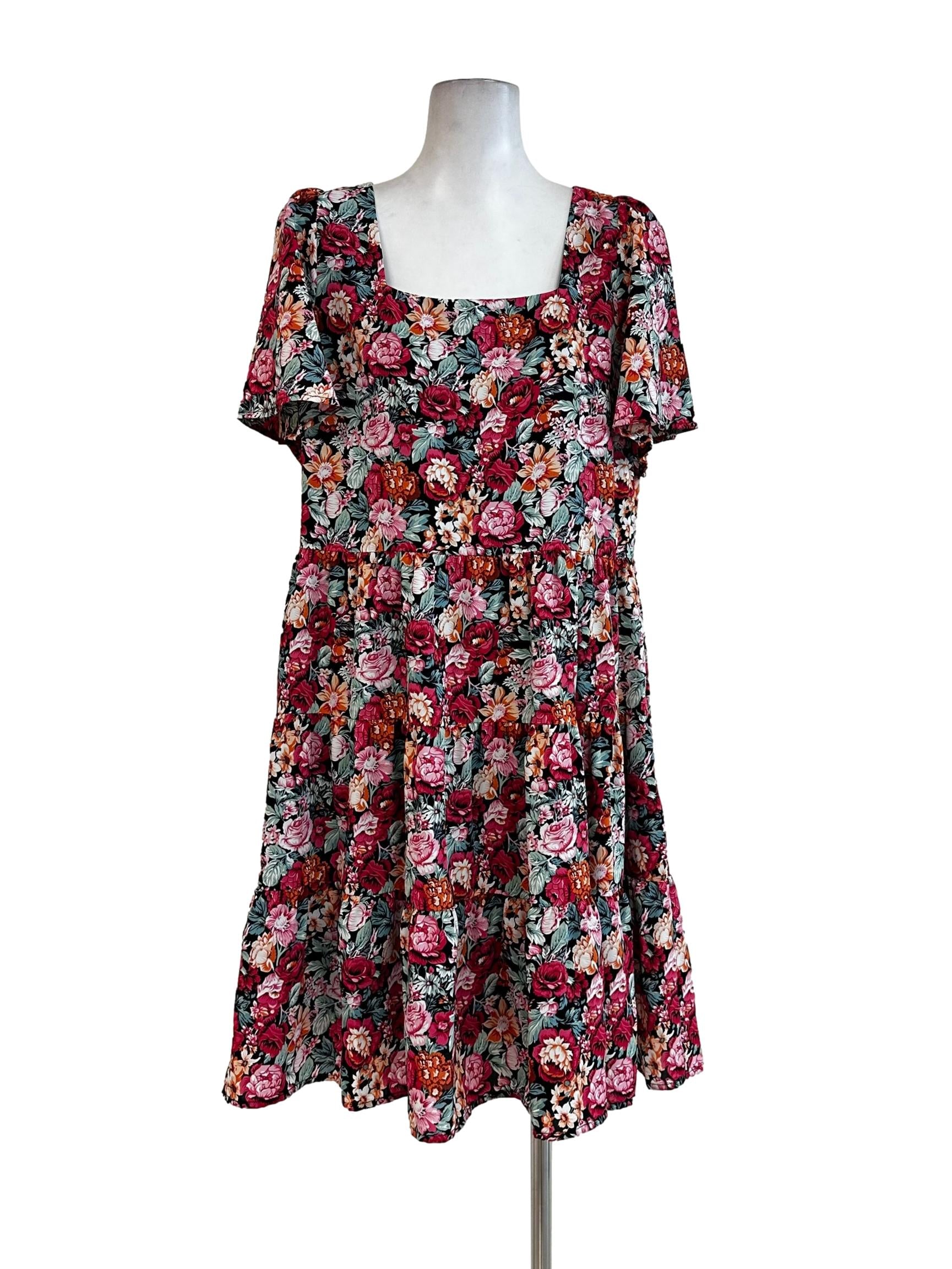 Pink Flower Printed Square Neck Dress